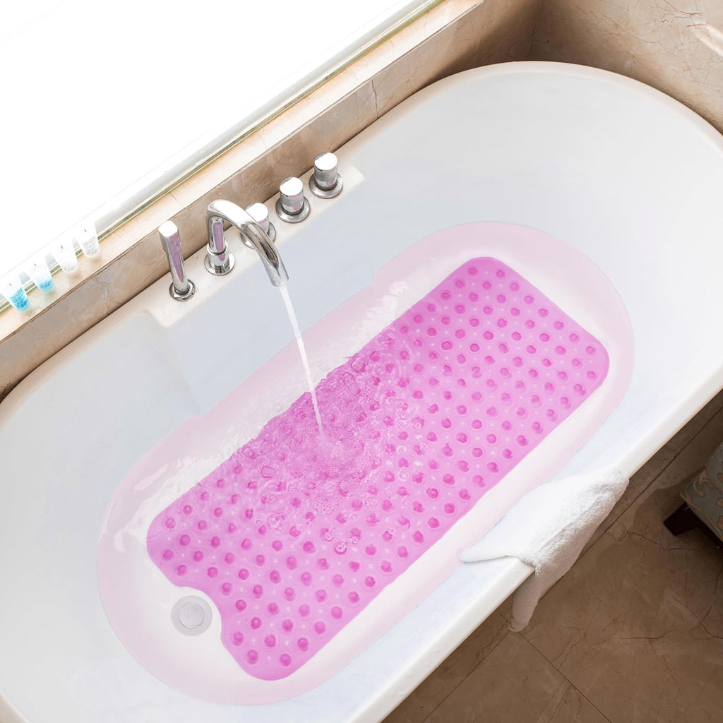 Bathtub Mats for Shower Tub Non-Slip Bath Mat 39 x 16 Inch Extra Long Shower Mat, Bath Tub Mat for Bathroom with Machine Washable, BPA Free for Kids (Clear Hot Pink)