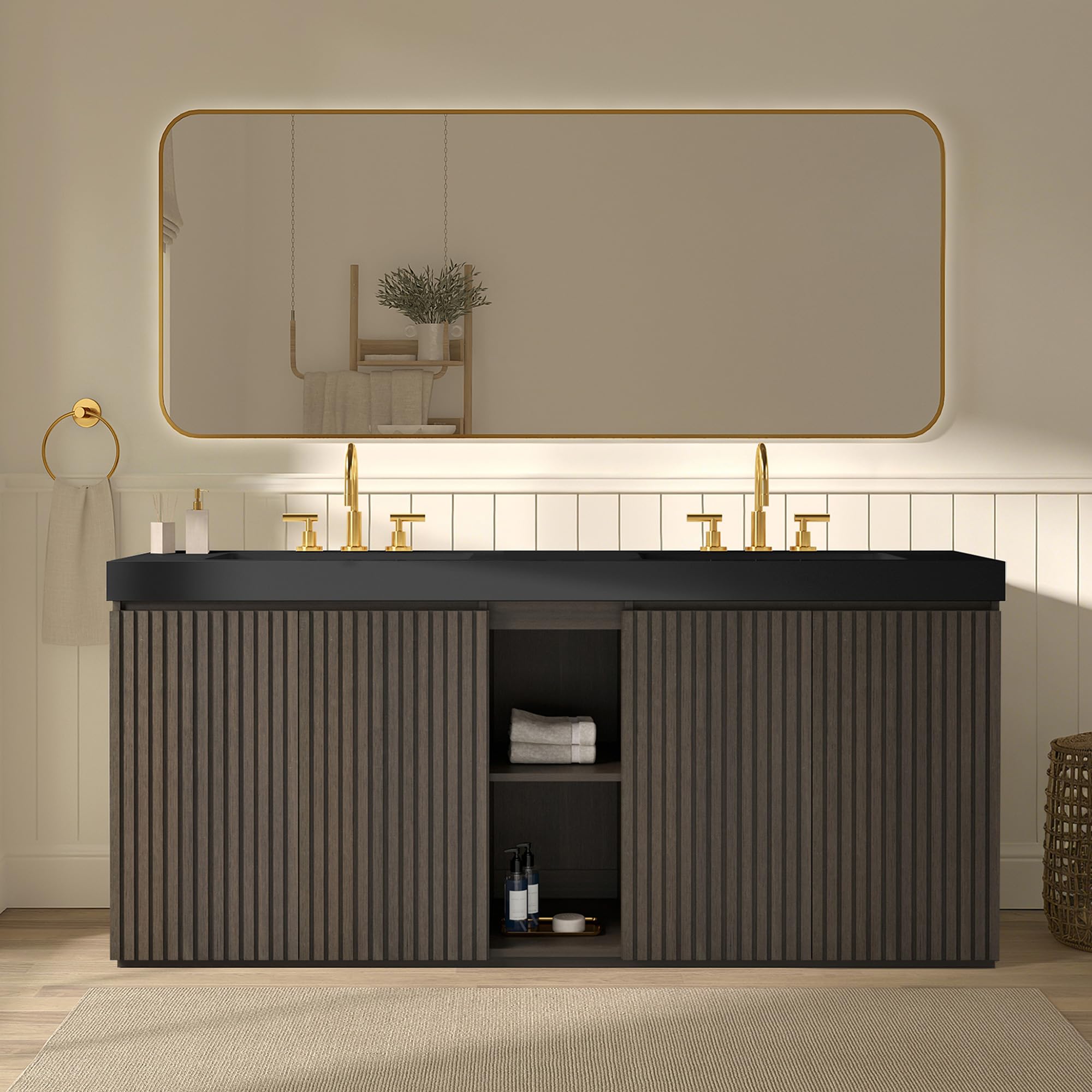 60" Bathroom Vanity with Double Sink, Freestanding Double Sink Bathroom Vanity with White Engineered Stone Top, Open Storage Cabinet & Adjustable Shelf, 4 Soft-Closing Doors, Smoked Oak Brown
