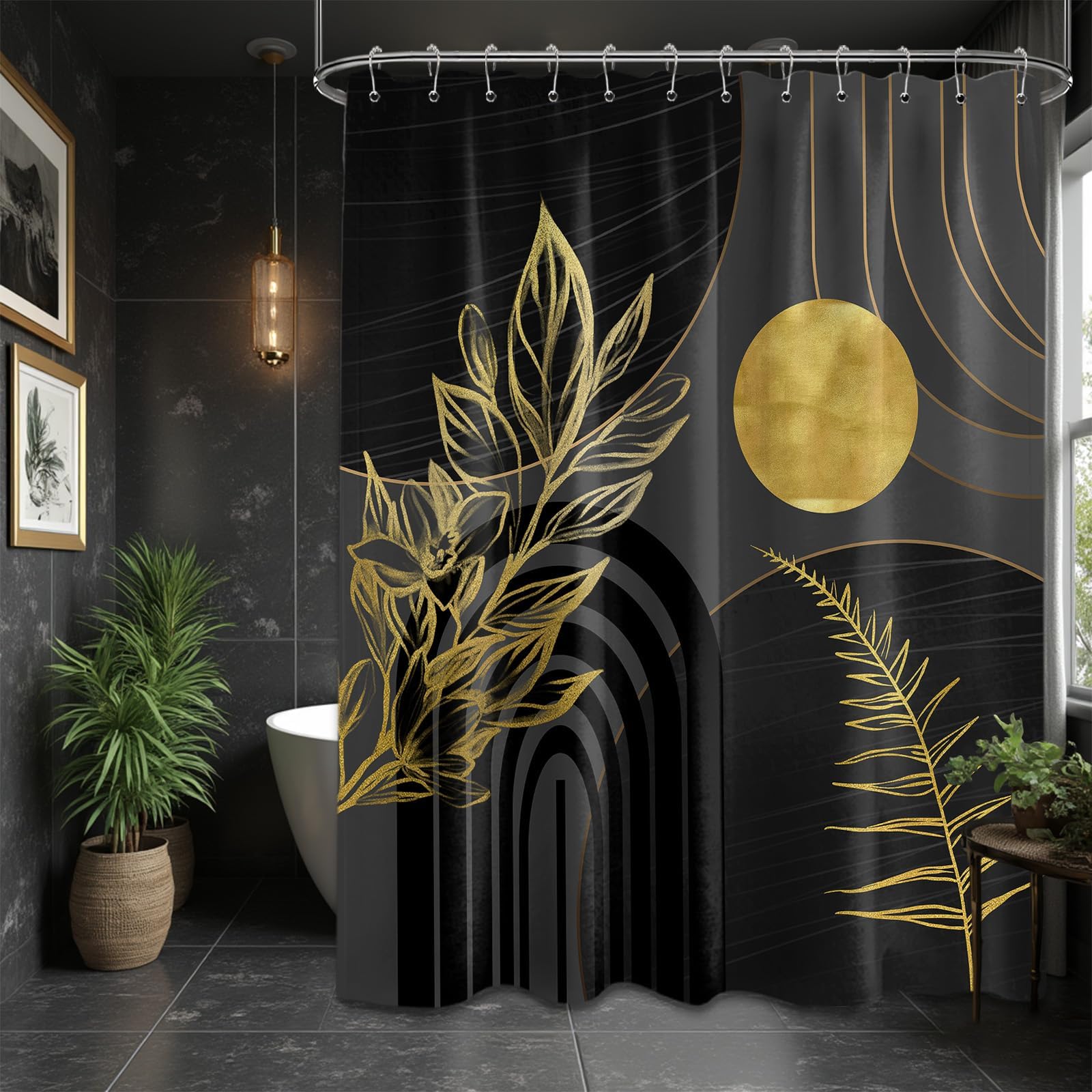 Mid Century Modern Black and Brown Shower Curtain Boho Beige and Dark Tan Gold Shower Curtains for Mens Bathroom Decor Sets, Waterproof Cloth Fabric with Hooks, 70x72in