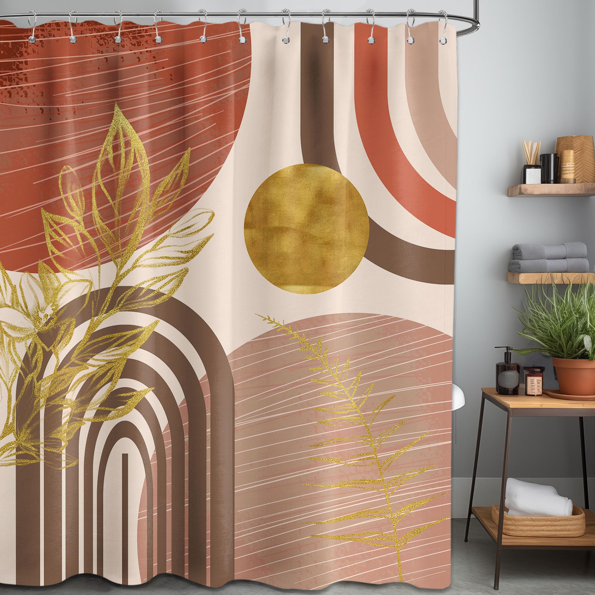 Mid Century Modern Black and Brown Shower Curtain Boho Beige and Dark Tan Gold Shower Curtains for Mens Bathroom Decor Sets, Waterproof Cloth Fabric with Hooks, 70x72in