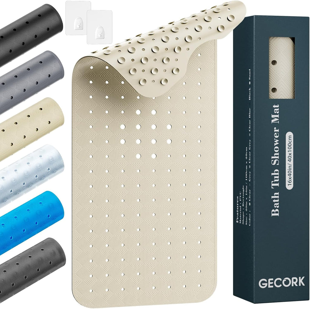 Bathtub Mat Non Slip with 2 Hooks, 40"x16" Extra Large Bath mat for Tub & Shower, Anti Slip, Machine Washable, Soft & Comfortable for Families, Sand