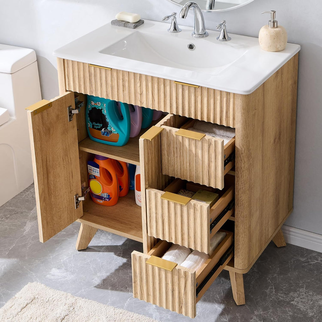 T4TREAM 30" Fluted Bathroom Vanity with Ceramic Sink Combo，Freestanding Modern Bathroom Storage Vanity Cabinet with 2 Soft Closing Doors & 3 Drawers，Wood Grain Texture，Metal Handle，Natural Oak | Fluted, Freestanding, Modern, Bathroom Storage, Vanity Cabin