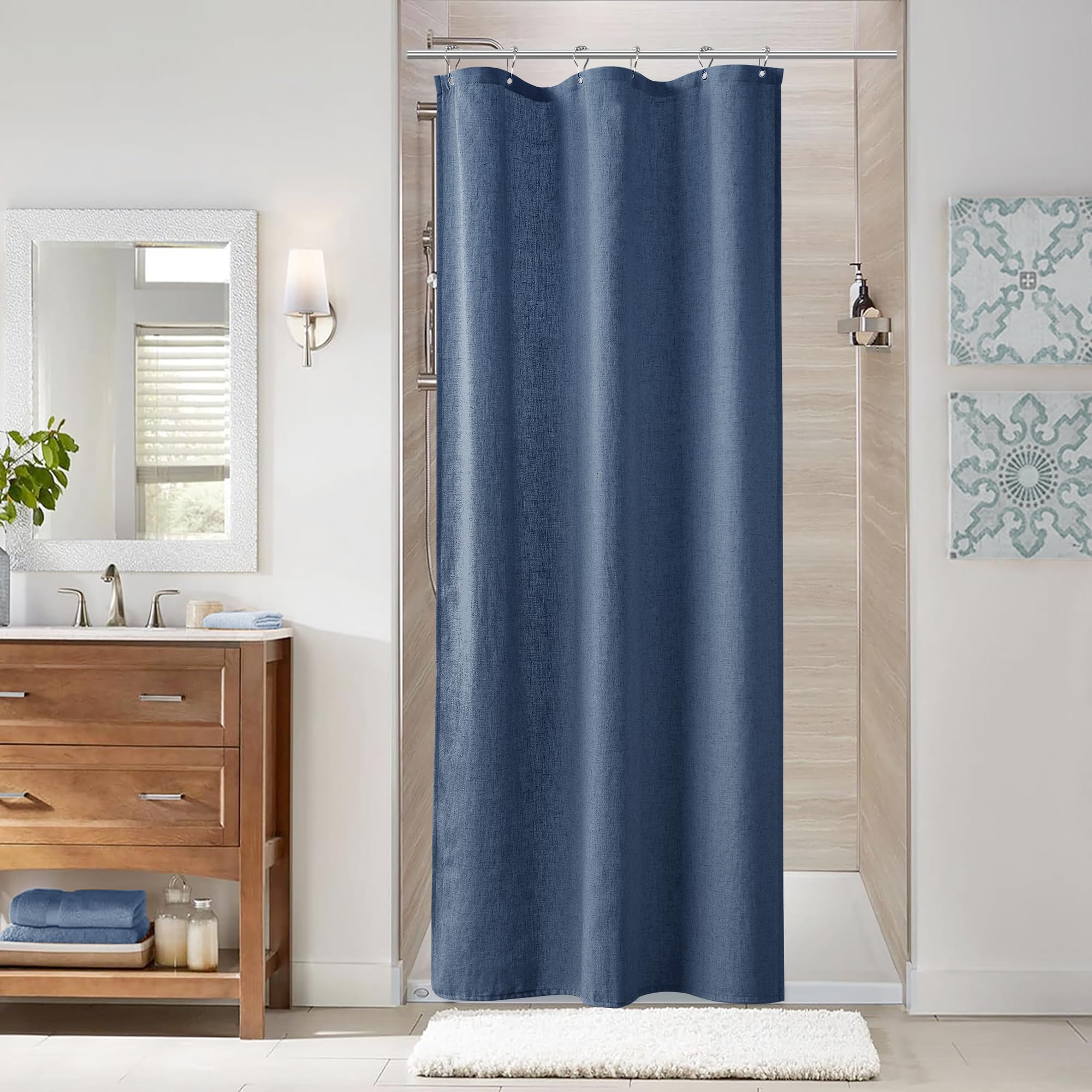 Naturoom Natural Linen Shower Curtain, Country Boho Farmhouse Bath Decor Beige Shower Curtains for Bathroom Neutral Cloth Weighted Textured Fabric Bath Curtain Liner with Hooks, Cream, 72 Inch