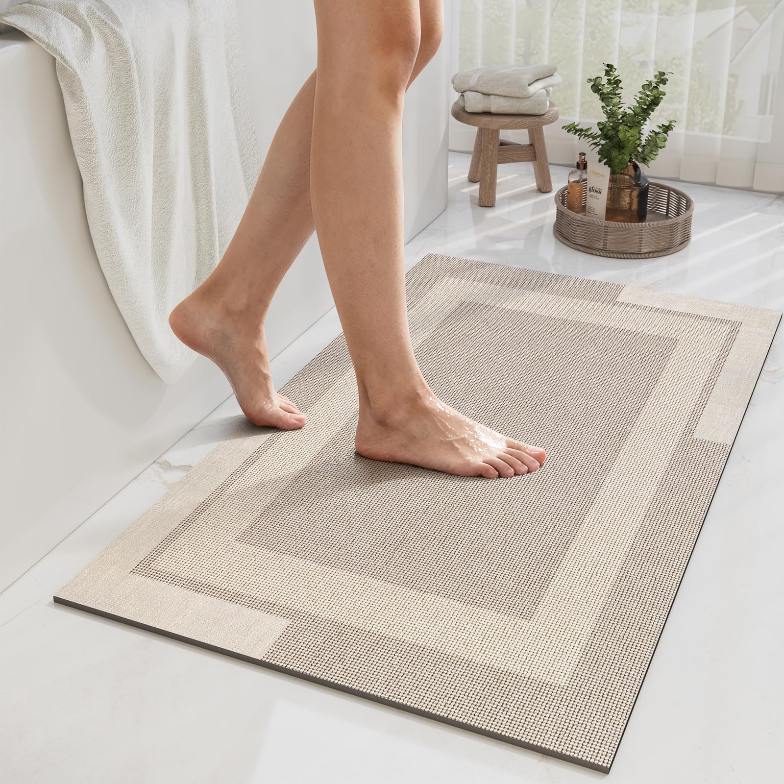 YDKGL Non Slip Bath Mat, Rubber Backing Ultra Thin Bathroom Rugs Fit Under Door Quick Dry Super Absorbent Washable Bath Rug Shower Mat for Bathroom Floor Bathtub Shower Sink, Easy Care Beige 16"x 24"