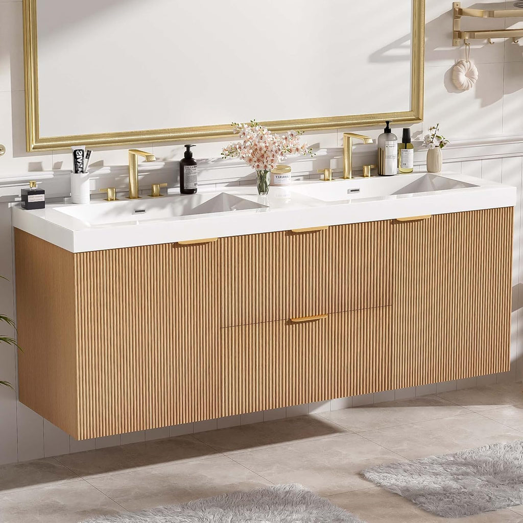 60" Bathroom Vanity with Sink Combo, Floating Double Sink Bathroom Vanity with SMC Resin Top, MDF Cabinet with Solid Wood Frame, Wall-Mounted Bath Room Vanities for Large Bathrooms, Wood