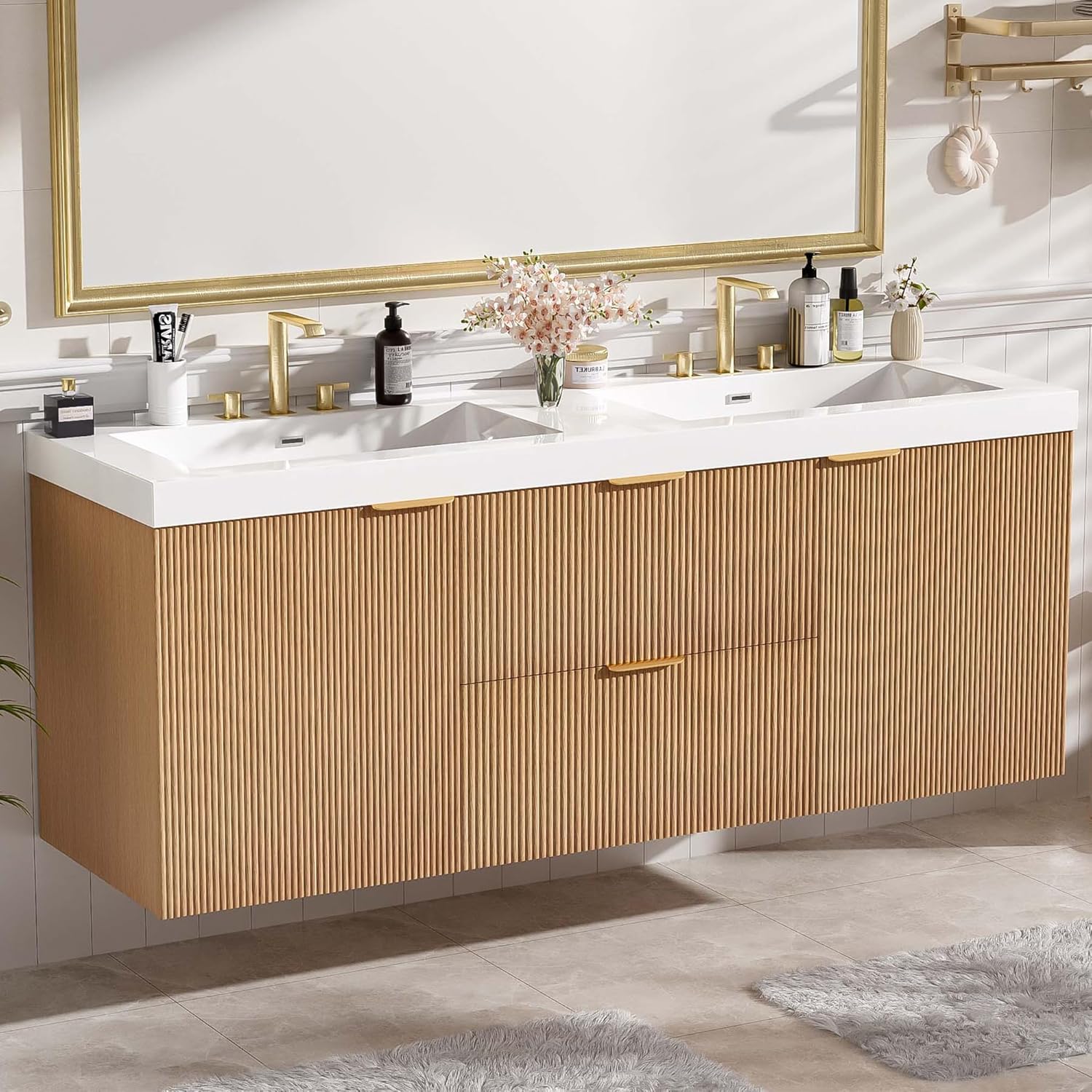 60" Bathroom Vanity with Sink Combo, Floating Double Sink Bathroom Vanity with SMC Resin Top, MDF Cabinet with Solid Wood Frame, Wall-Mounted Bath Room Vanities for Large Bathrooms, Wood