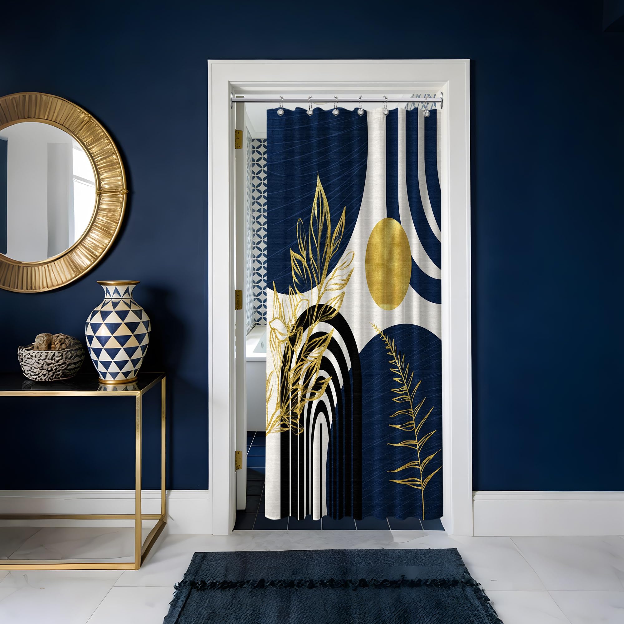 Mid Century Modern Black and Brown Shower Curtain Boho Beige and Dark Tan Gold Shower Curtains for Mens Bathroom Decor Sets, Waterproof Cloth Fabric with Hooks, 70x72in