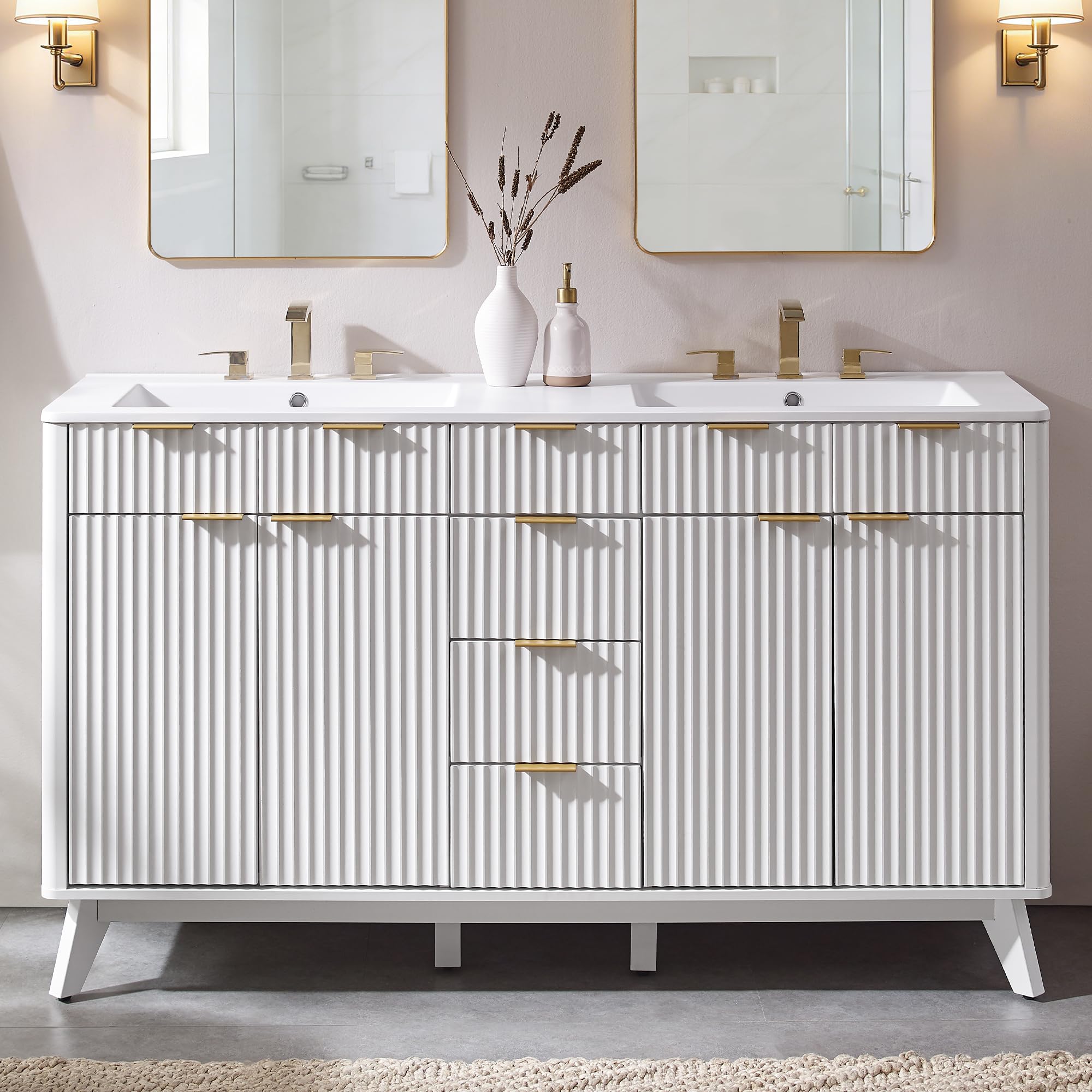 T4TREAM 30" Fluted Bathroom Vanity with Ceramic Sink Combo，Freestanding Modern Bathroom Storage Vanity Cabinet with 2 Soft Closing Doors & 3 Drawers，Wood Grain Texture，Metal Handle，Natural Oak | Fluted, Freestanding, Modern, Bathroom Storage, Vanity Cabin