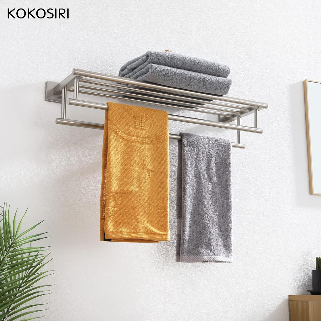 KOKOSIRI 20 Inch Towel Rail Towel Shelf with Double Towel Bars Bathroom Towel Rack Towel Holder Wall Mounted SUS 304 Stainless Steel, Brushed Nickel, B6005BR-L20