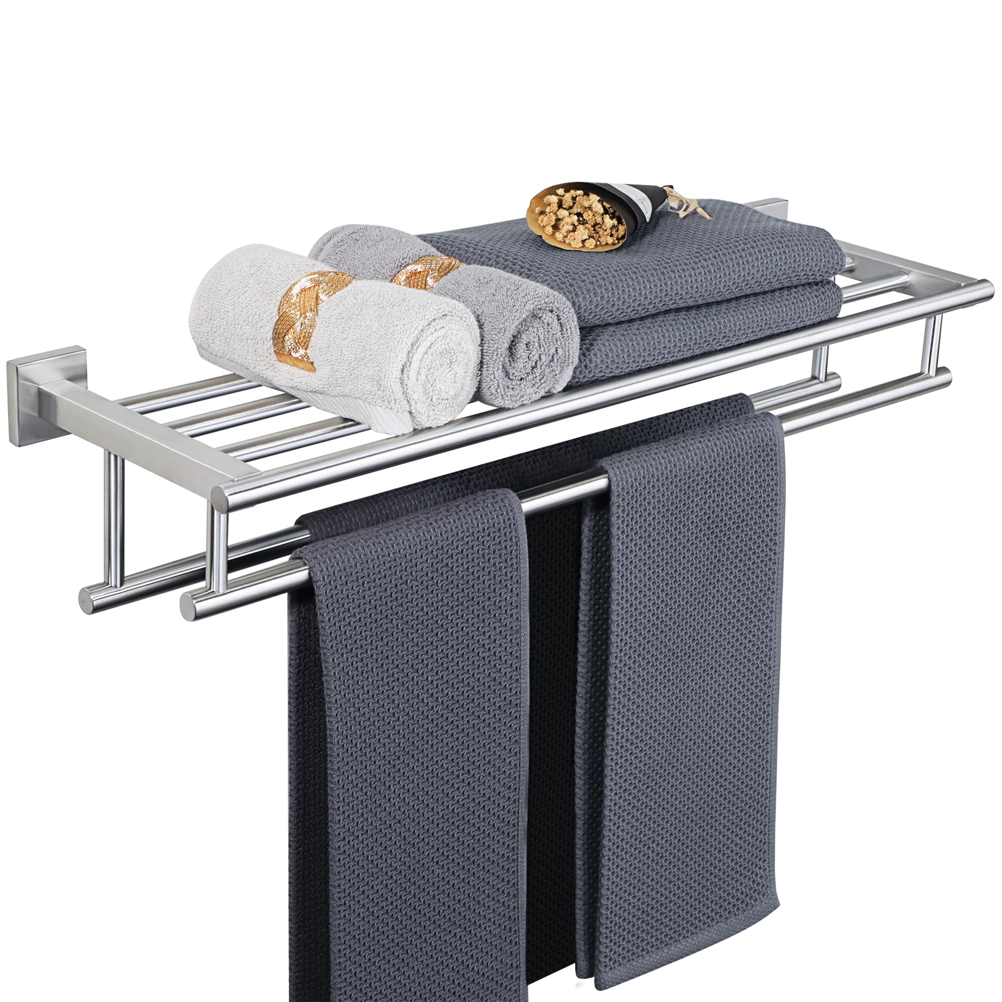 Alise Double Towel Rack for Bathroom Wall Mounted,24 Inch Bathroom Tower Holder Black Towel Rack with Double Towel Bars,SUS304 Stainless Steel Towel Bar Towel Rack with Shelf,Matte Black