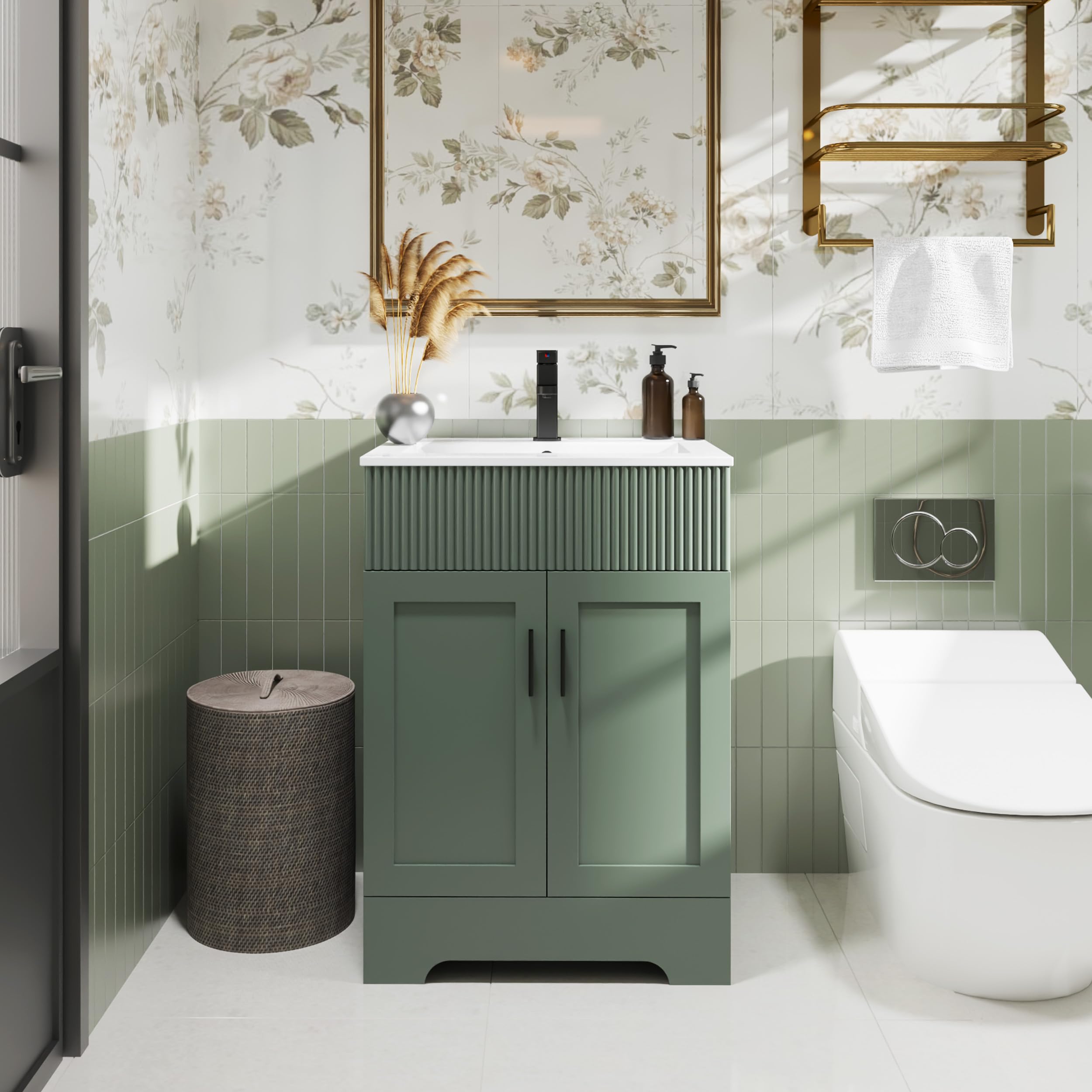 eclife 36" Bathroom Vanities Sink Combo with Painted Surface, Modern Drawered Cabinet W/Decorative Wave Lines, Undermount Single Sink, Matte Black Faucet Drain, Gray Green