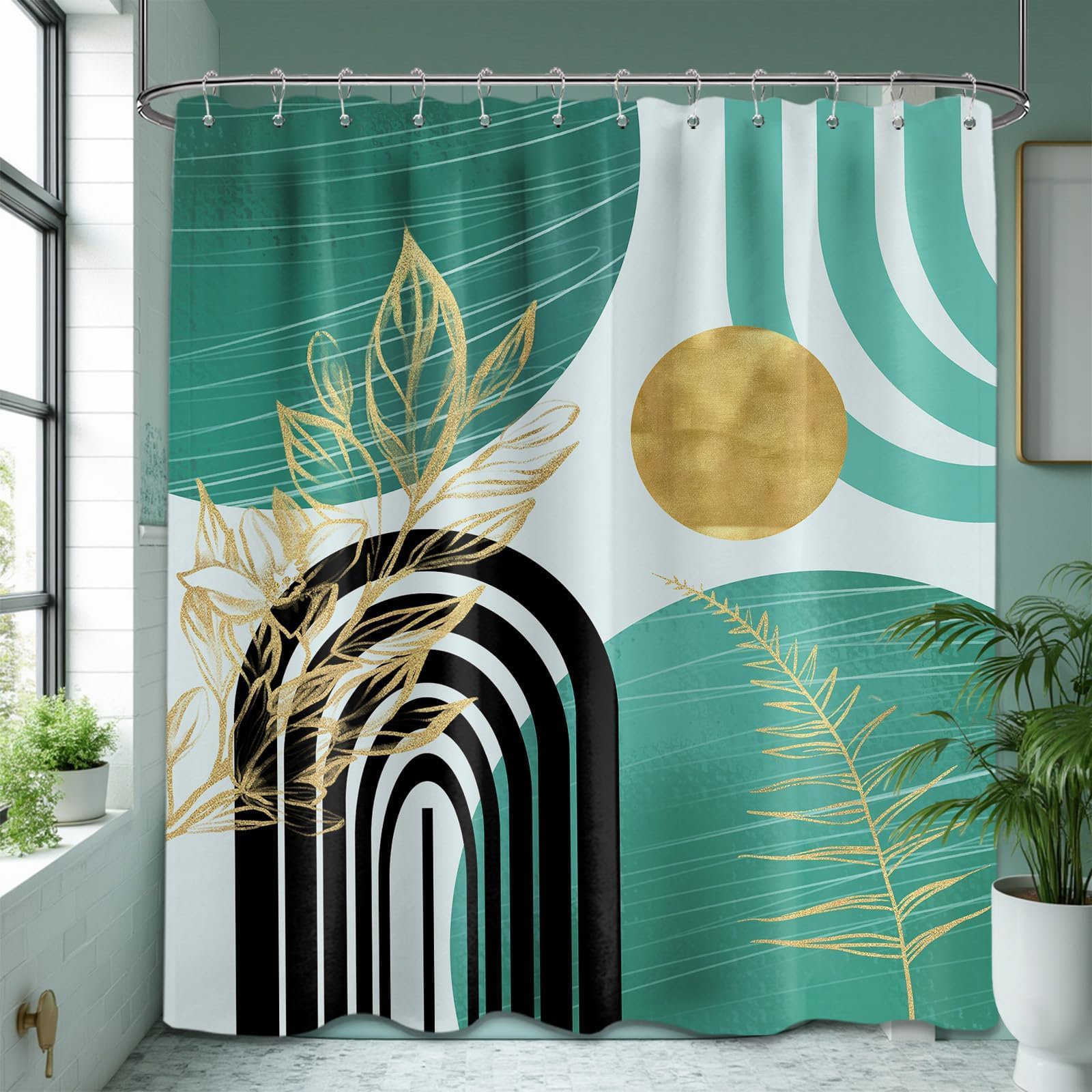 Mid Century Modern Black and Brown Shower Curtain Boho Beige and Dark Tan Gold Shower Curtains for Mens Bathroom Decor Sets, Waterproof Cloth Fabric with Hooks, 70x72in
