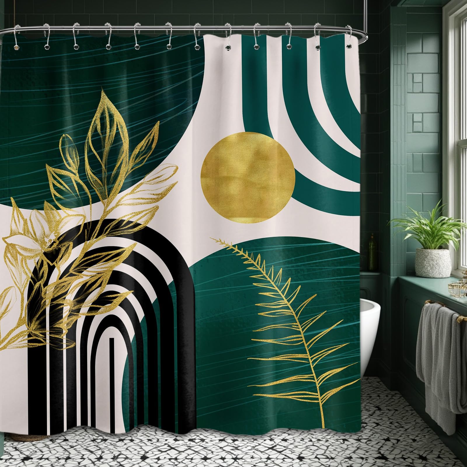 Mid Century Modern Black and Brown Shower Curtain Boho Beige and Dark Tan Gold Shower Curtains for Mens Bathroom Decor Sets, Waterproof Cloth Fabric with Hooks, 70x72in