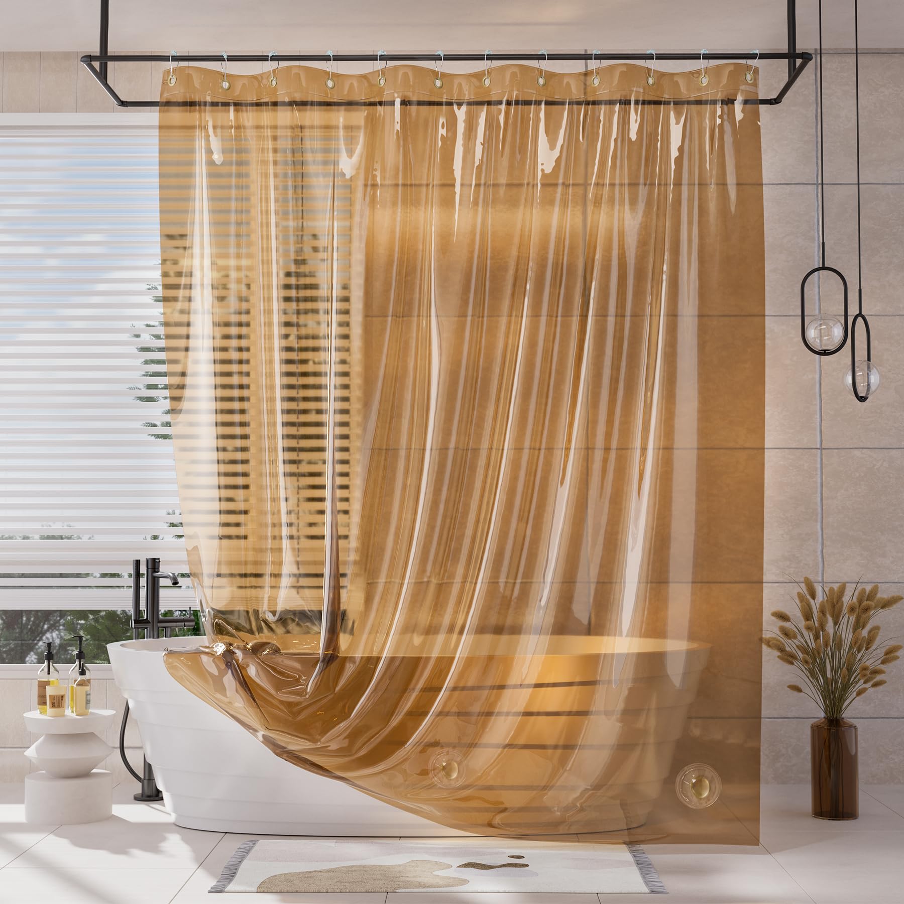 AmazerBath Shower Curtain Liner, 100% EVA Soft Clear Amber Heavy Duty Shower Curtain and Liner 2-in-1, 72x72 Luxury Plastic Weighted Bathroom Shower Liner, 12 Rustproof Grommets & 3 Heavyweight Stones