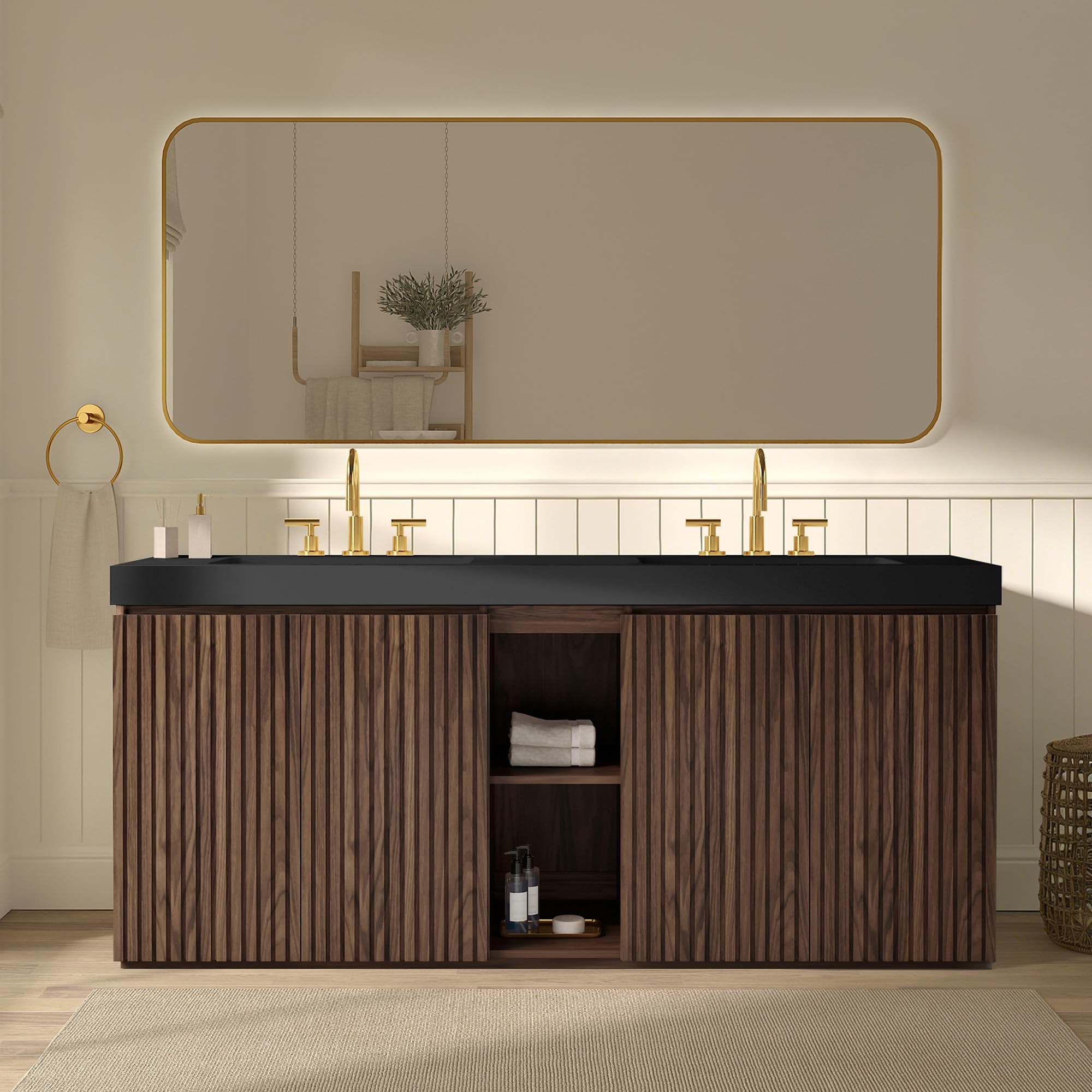 60" Bathroom Vanity with Double Sink, Freestanding Double Sink Bathroom Vanity with White Engineered Stone Top, Open Storage Cabinet & Adjustable Shelf, 4 Soft-Closing Doors, Smoked Oak Brown