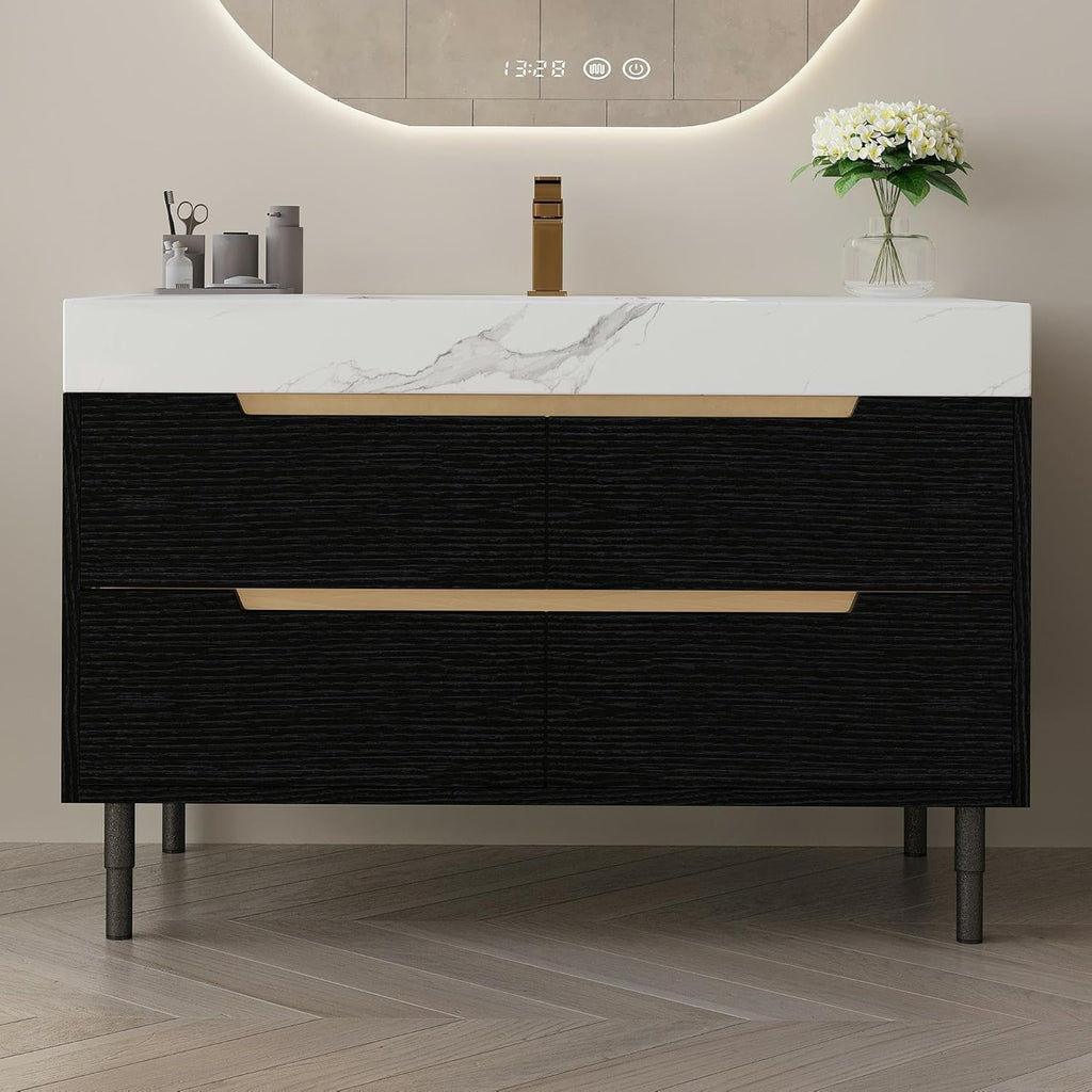 Glintee 36" Modern Bathroom Vanity with Ceramic Sink – Sintered Stone Top, 4 Soft-Close Drawers, Sturdy Solid Wood Cabinet, Wall-Mounted or Freestanding, Easy Assembly, Black & White