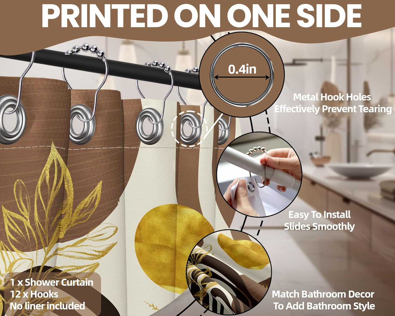 Mid Century Modern Black and Brown Shower Curtain Boho Beige and Dark Tan Gold Shower Curtains for Mens Bathroom Decor Sets, Waterproof Cloth Fabric with Hooks, 70x72in