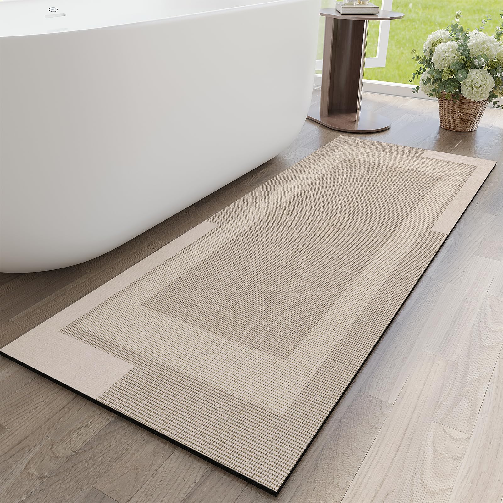 YDKGL Non Slip Bath Mat, Rubber Backing Ultra Thin Bathroom Rugs Fit Under Door Quick Dry Super Absorbent Washable Bath Rug Shower Mat for Bathroom Floor Bathtub Shower Sink, Easy Care Beige 16"x 24"