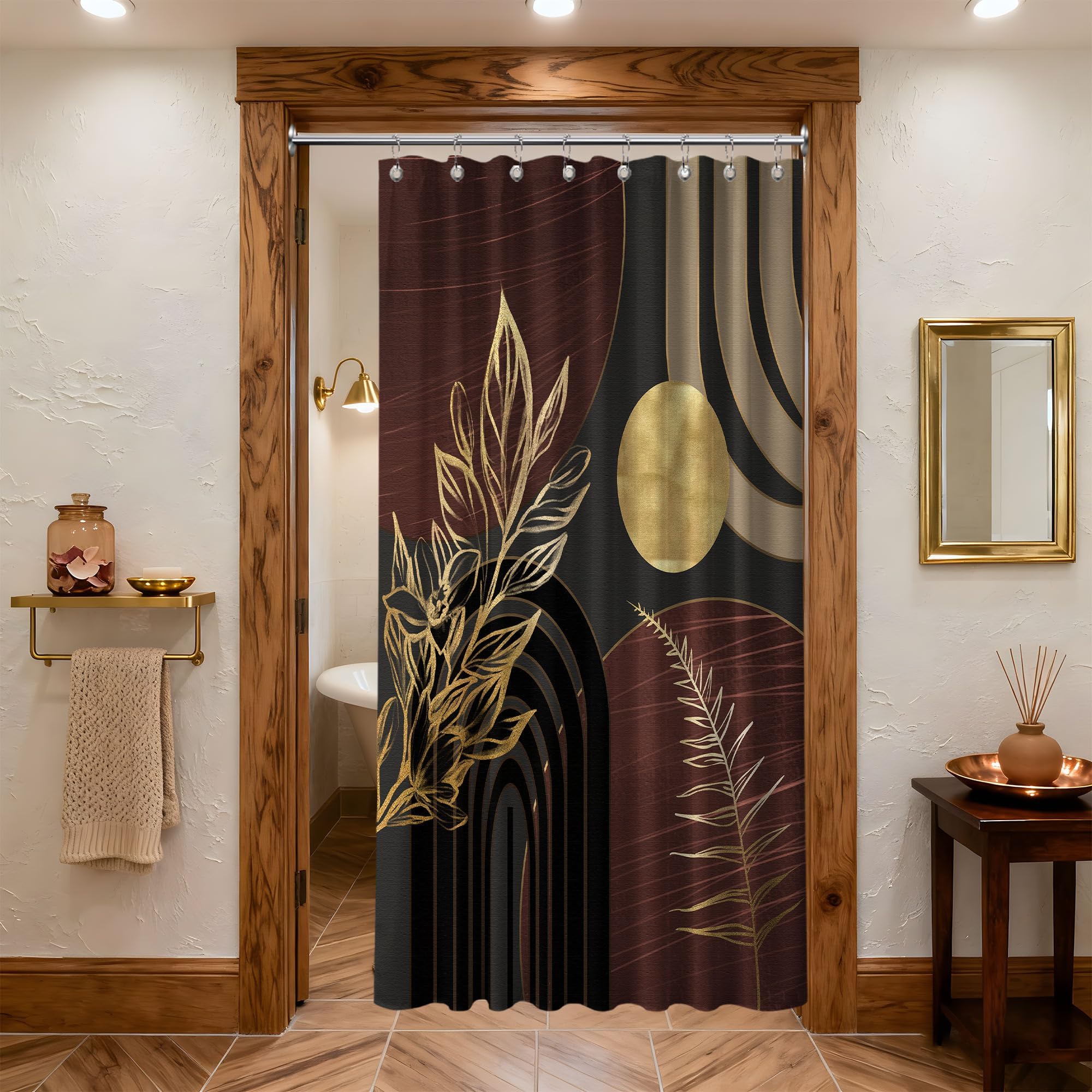 Mid Century Modern Black and Brown Shower Curtain Boho Beige and Dark Tan Gold Shower Curtains for Mens Bathroom Decor Sets, Waterproof Cloth Fabric with Hooks, 70x72in