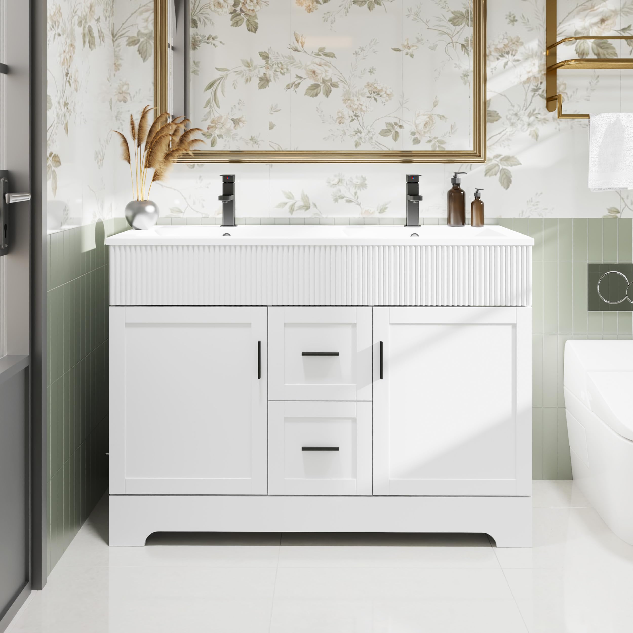 eclife 36" Bathroom Vanities Sink Combo with Painted Surface, Modern Drawered Cabinet W/Decorative Wave Lines, Undermount Single Sink, Matte Black Faucet Drain, Gray Green
