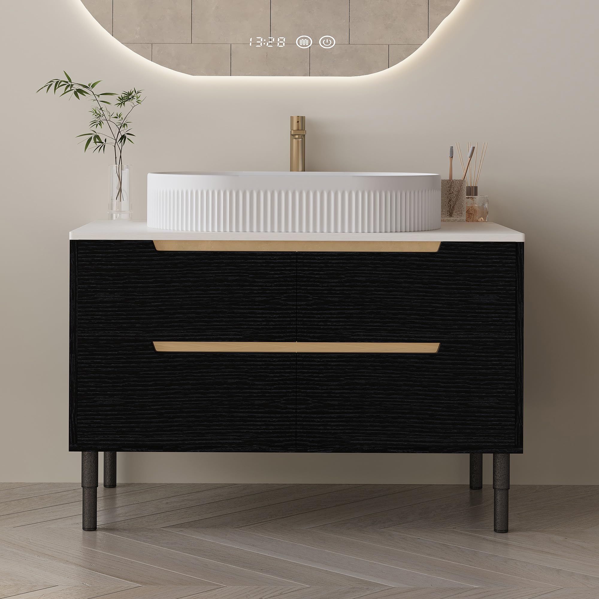 Glintee 36" Modern Bathroom Vanity with Ceramic Sink – Sintered Stone Top, 4 Soft-Close Drawers, Sturdy Solid Wood Cabinet, Wall-Mounted or Freestanding, Easy Assembly, Black & White