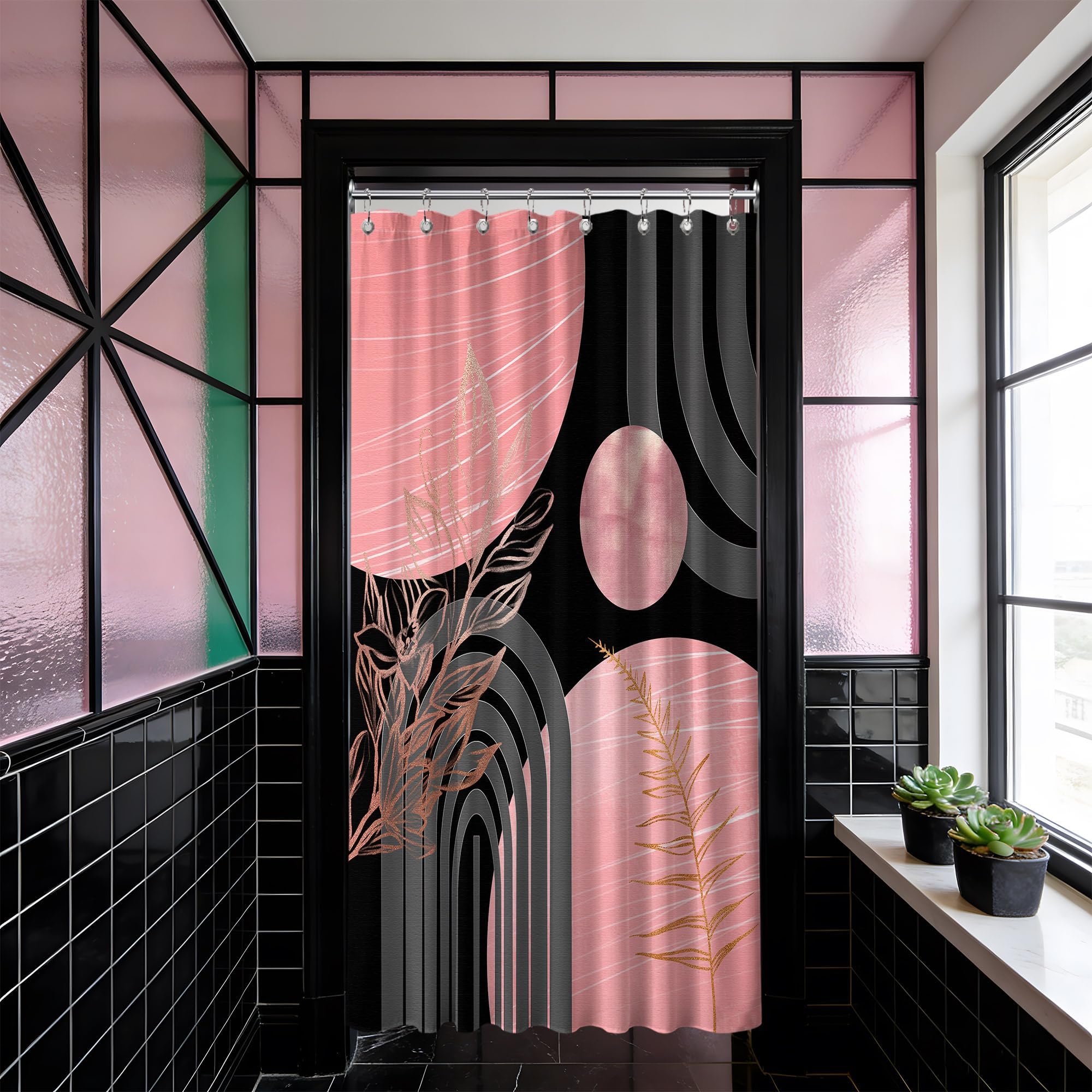 Mid Century Modern Black and Brown Shower Curtain Boho Beige and Dark Tan Gold Shower Curtains for Mens Bathroom Decor Sets, Waterproof Cloth Fabric with Hooks, 70x72in