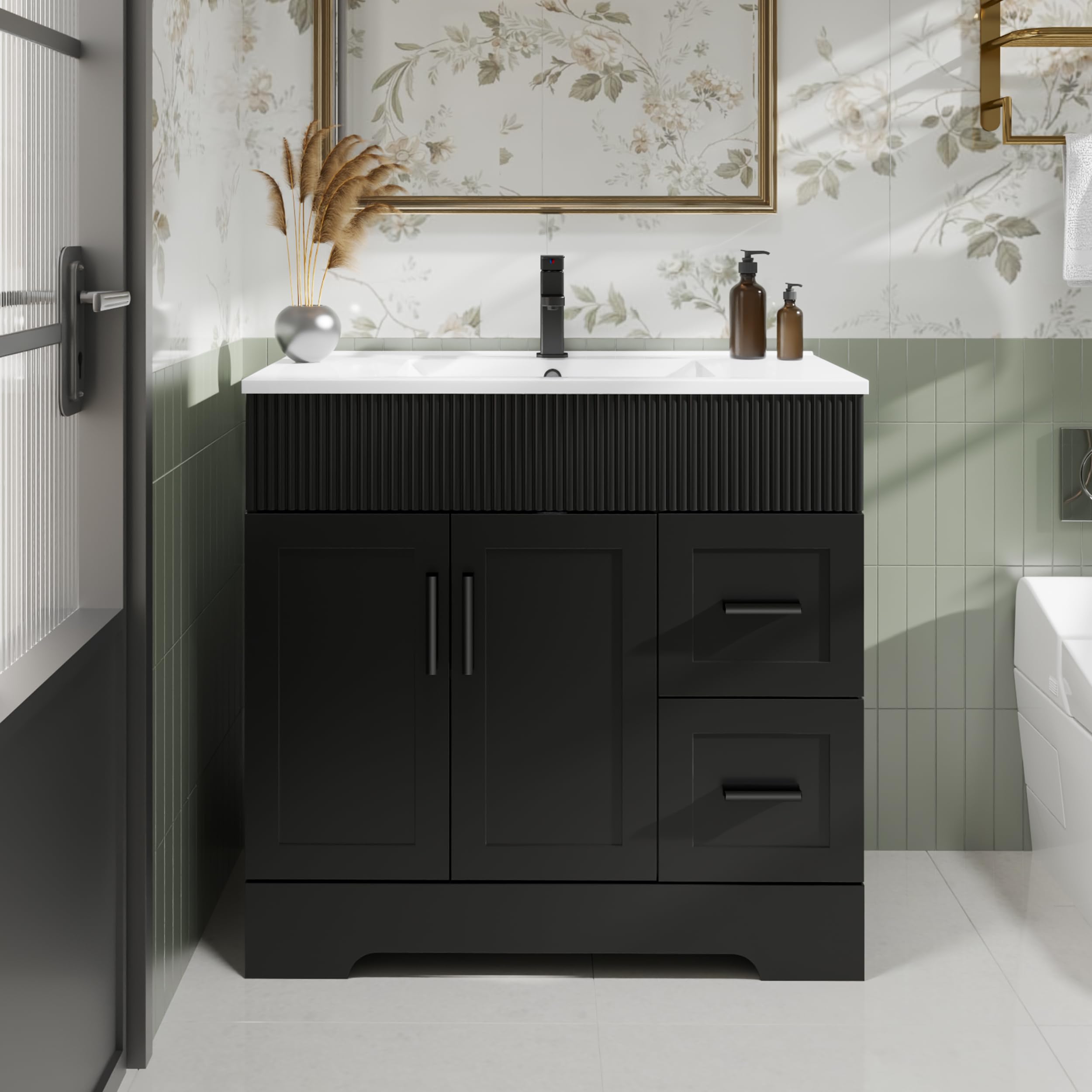 eclife 36" Bathroom Vanities Sink Combo with Painted Surface, Modern Drawered Cabinet W/Decorative Wave Lines, Undermount Single Sink, Matte Black Faucet Drain, Gray Green