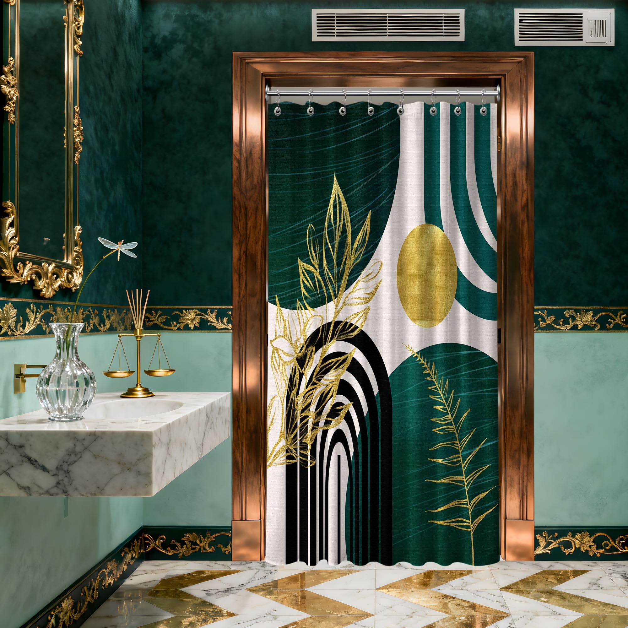 Mid Century Modern Black and Brown Shower Curtain Boho Beige and Dark Tan Gold Shower Curtains for Mens Bathroom Decor Sets, Waterproof Cloth Fabric with Hooks, 70x72in