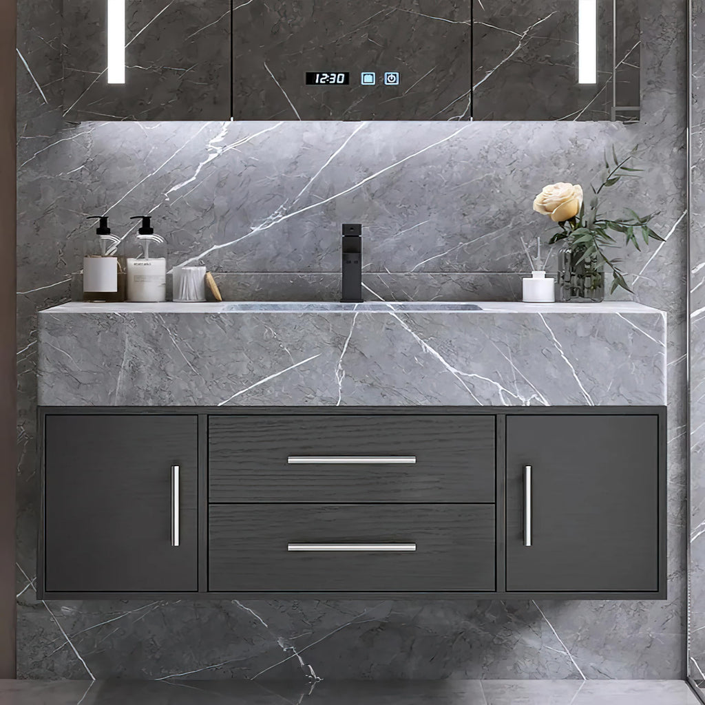 Bathroom Vanity with Sink 39.5" Floating Bathroom Vanity Sintered Stone Modern Bathroom Vanity Set, Walnut (Wall Mounted, Gold Handle)