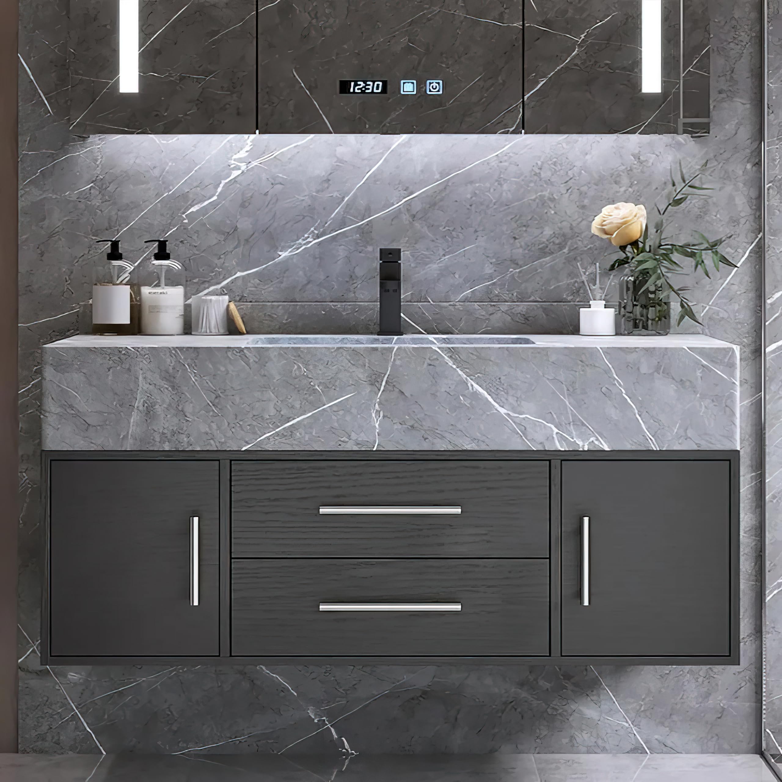 Bathroom Vanity with Sink 39.5" Floating Bathroom Vanity Sintered Stone Modern Bathroom Vanity Set, Walnut (Wall Mounted, Gold Handle)