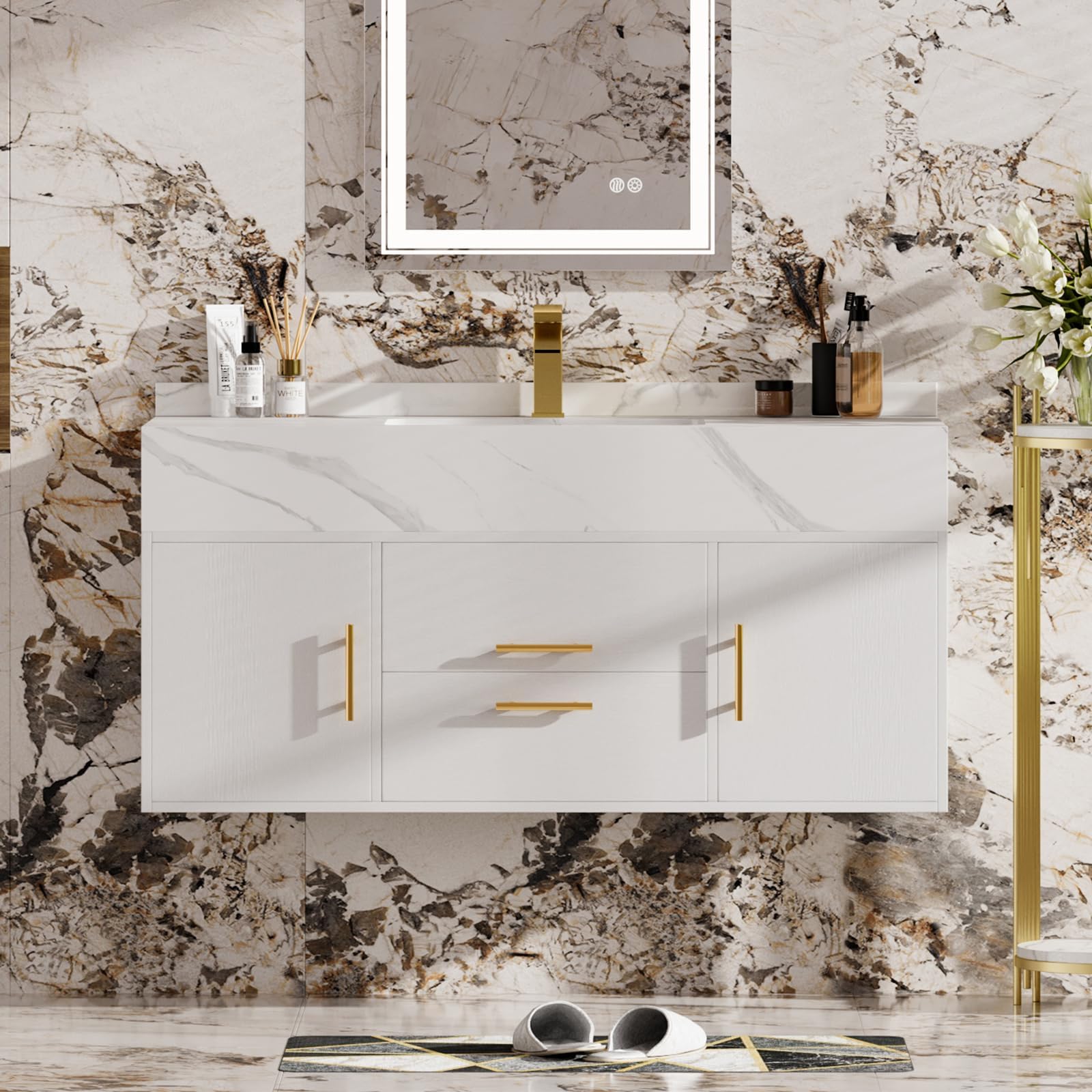 homary 39.4" Bathroom Vanity with Sink-Modern Bathroom Floating Vanity with Sintered Stone Countertop and 2 Drawers 2 Storage Cabinets, Undercounter Ceramic Sink, Walnut