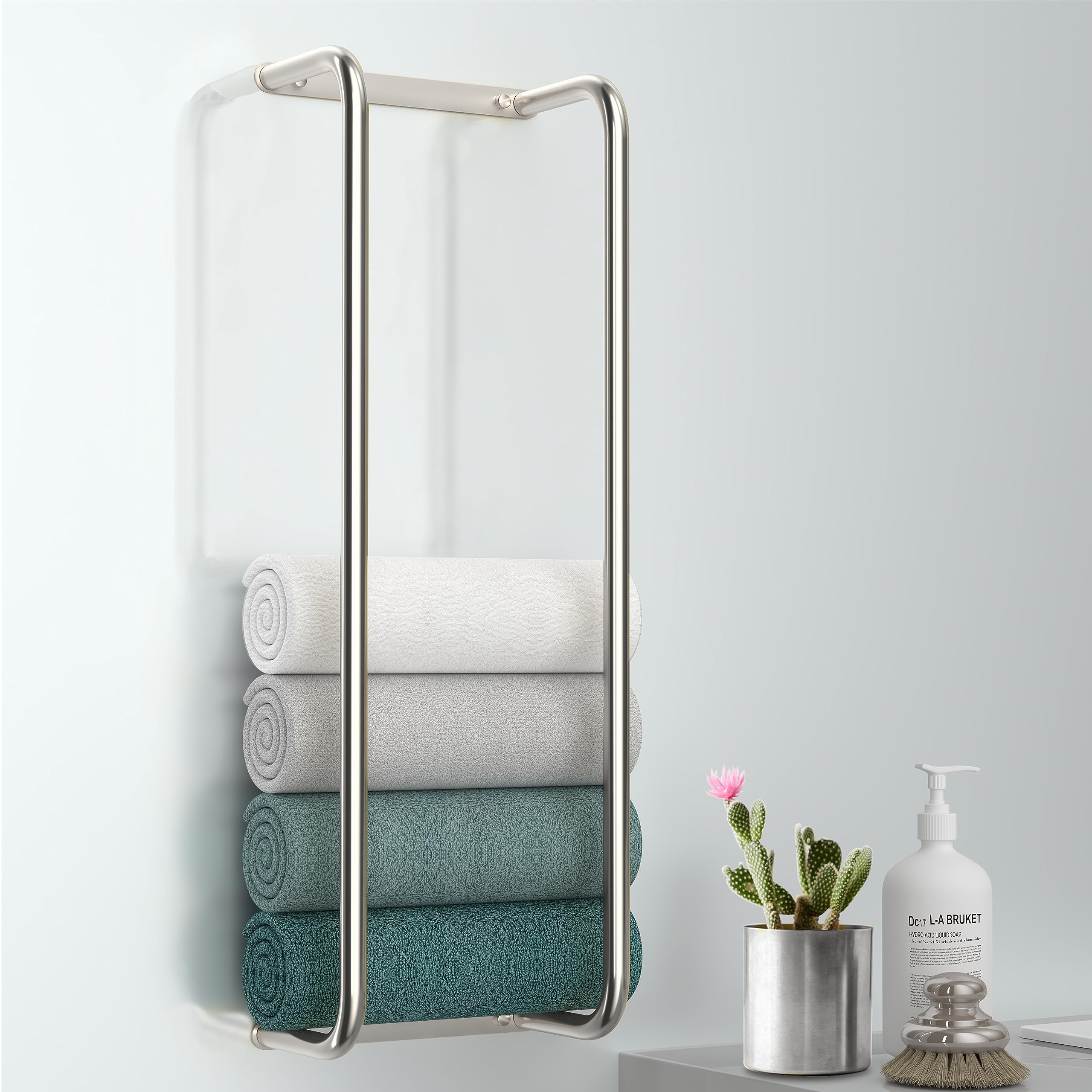 Stainless Steel Wall-Mounted Bathroom Towel Rack and Organizer for Rolled Towels, Ideal for Modern Small Bathrooms with Limited Space, Sleek and Chic Sliver Design.