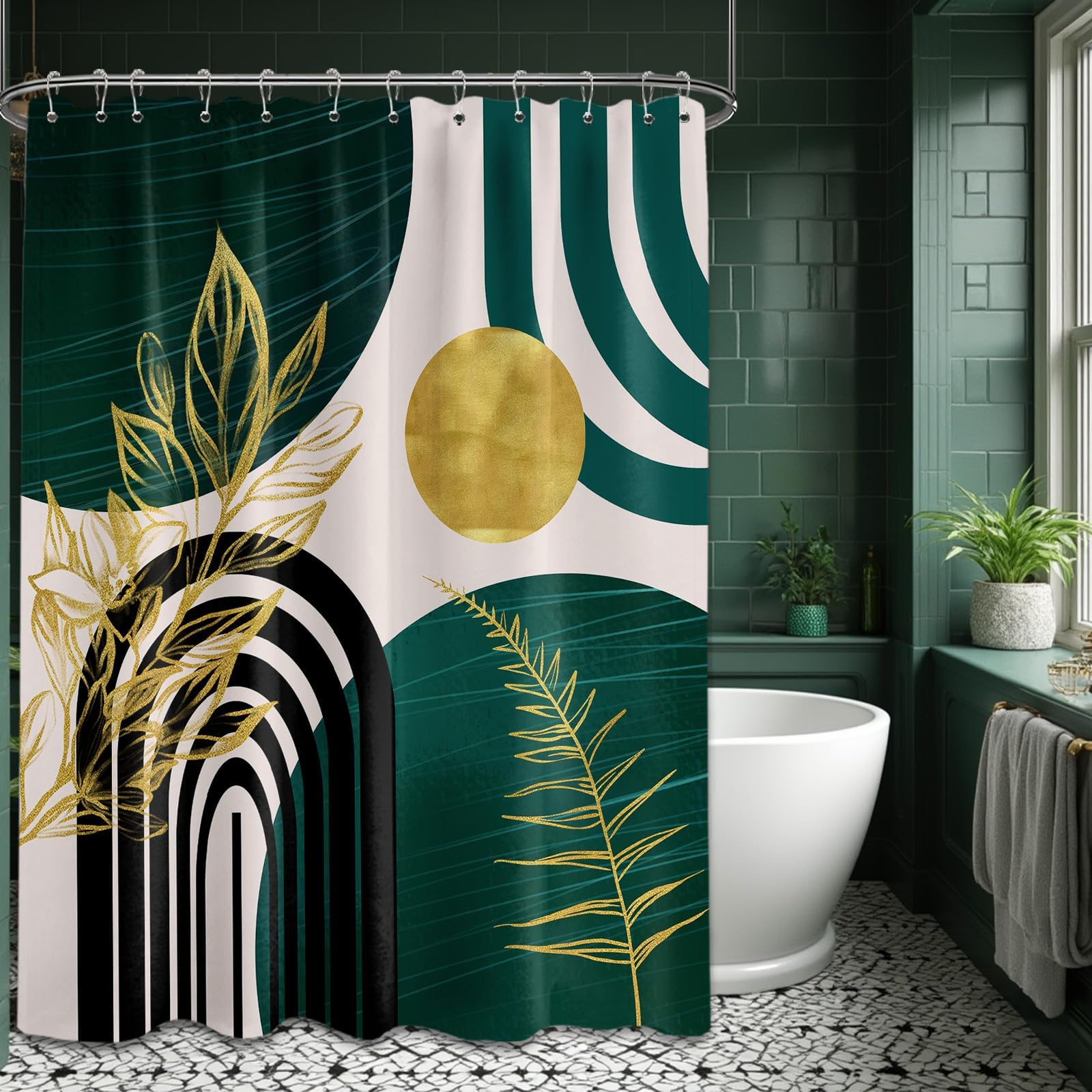 Mid Century Modern Black and Brown Shower Curtain Boho Beige and Dark Tan Gold Shower Curtains for Mens Bathroom Decor Sets, Waterproof Cloth Fabric with Hooks, 70x72in