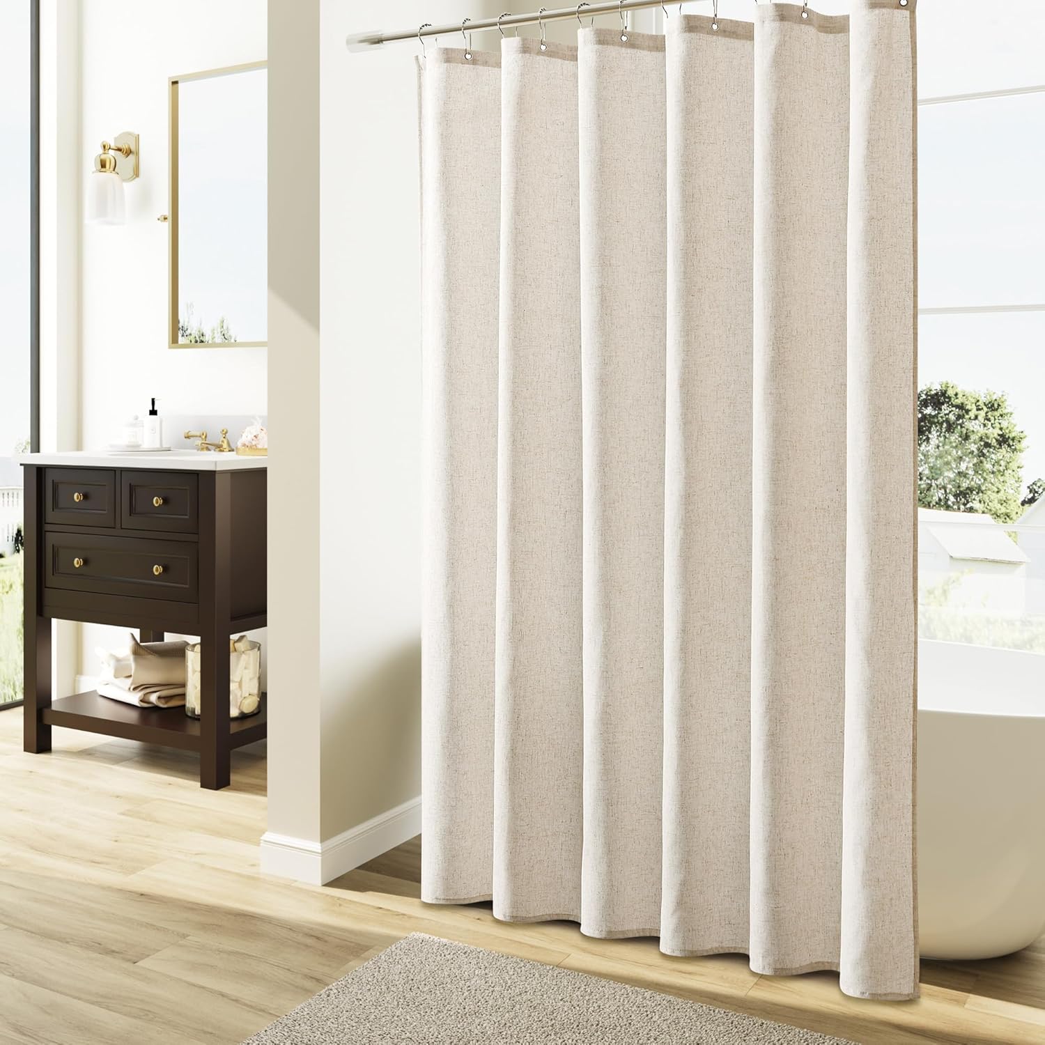 Naturoom Natural Linen Shower Curtain, Country Boho Farmhouse Bath Decor Beige Shower Curtains for Bathroom Neutral Cloth Weighted Textured Fabric Bath Curtain Liner with Hooks, Cream, 72 Inch