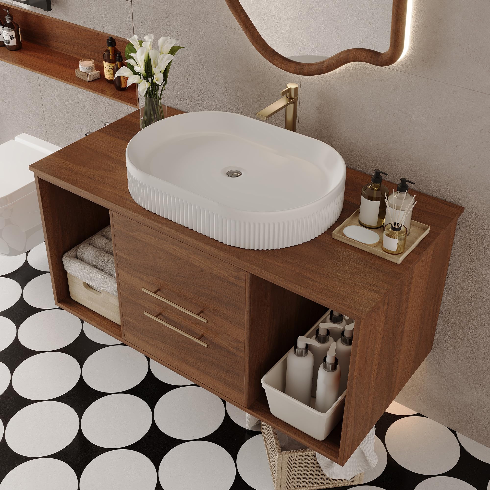 Glintee 36" Modern Bathroom Vanity with Ceramic Sink – Sintered Stone Top, 4 Soft-Close Drawers, Sturdy Solid Wood Cabinet, Wall-Mounted or Freestanding, Easy Assembly, Black & White