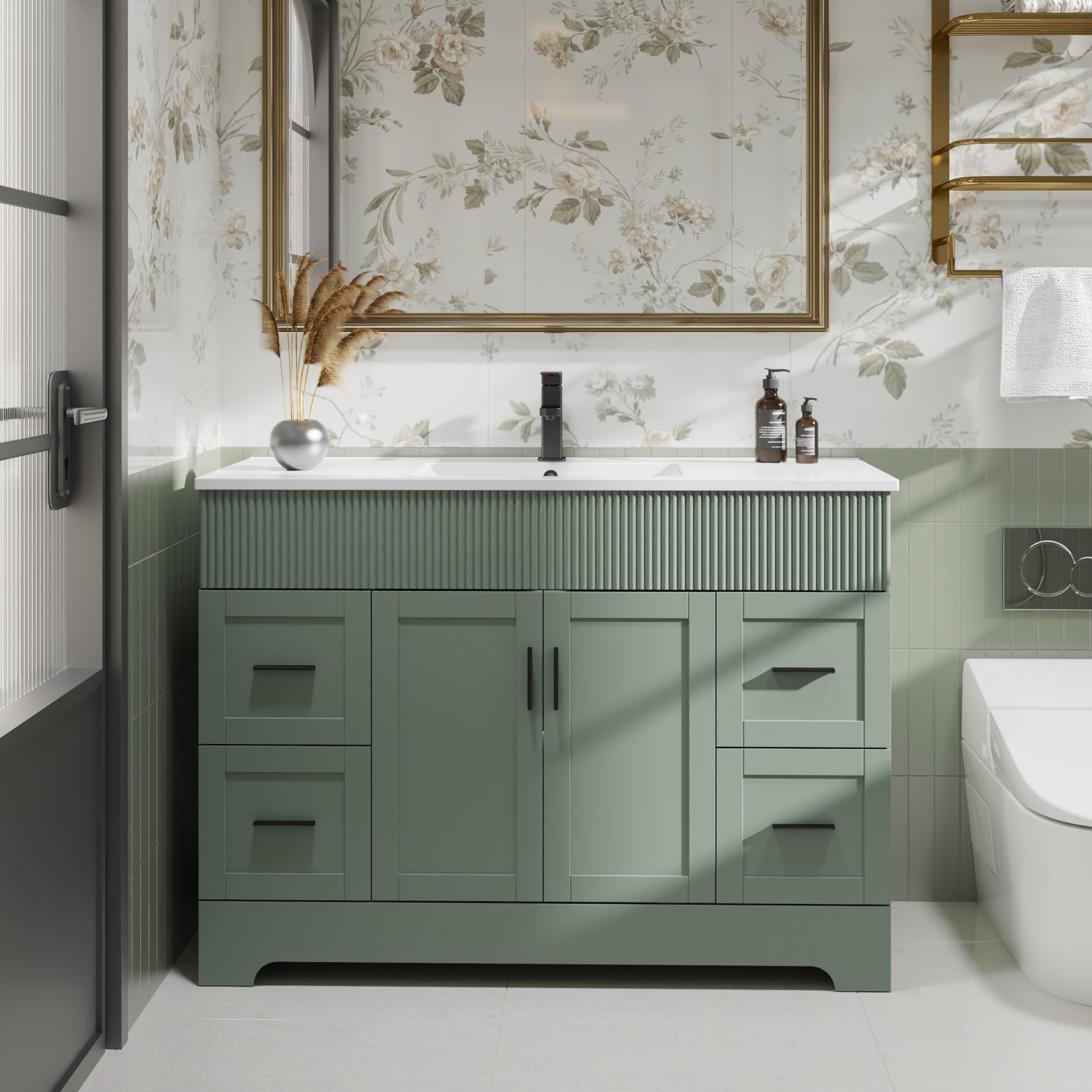eclife 36" Bathroom Vanities Sink Combo with Painted Surface, Modern Drawered Cabinet W/Decorative Wave Lines, Undermount Single Sink, Matte Black Faucet Drain, Gray Green
