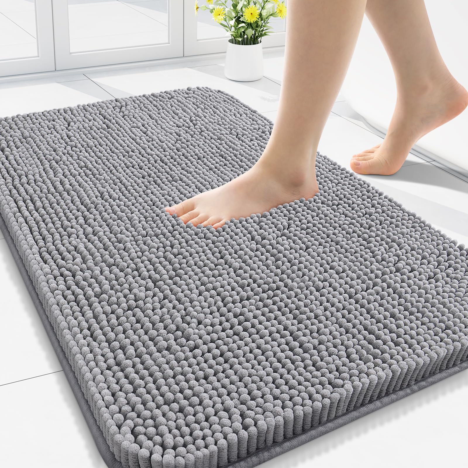 Arotive Bathroom Rugs 30x20, Extra Soft Absorbent Shaggy Chenille Bath Rugs, Machine Washable Rubber Backing Non-Slip Bath Mats for Bathroom Floor Tub and Shower, Home Decor Accessories, Grey