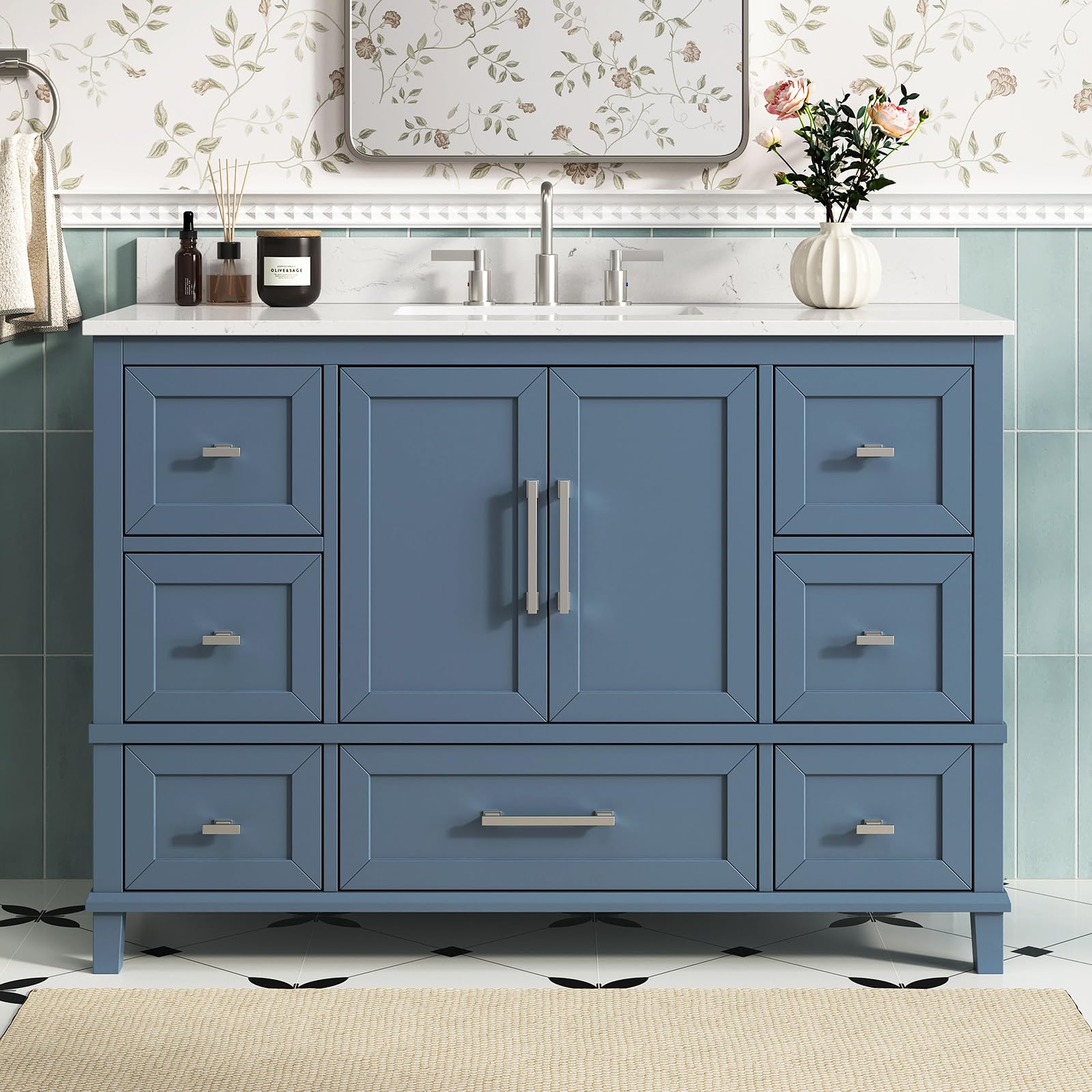 48 Inch Bathroom Vanity with Sink, Modern Steel Blue Bathroom Vanities with Soft Closing Doors & Dovetail Drawers, Quartz Countertop, No Assembly Required