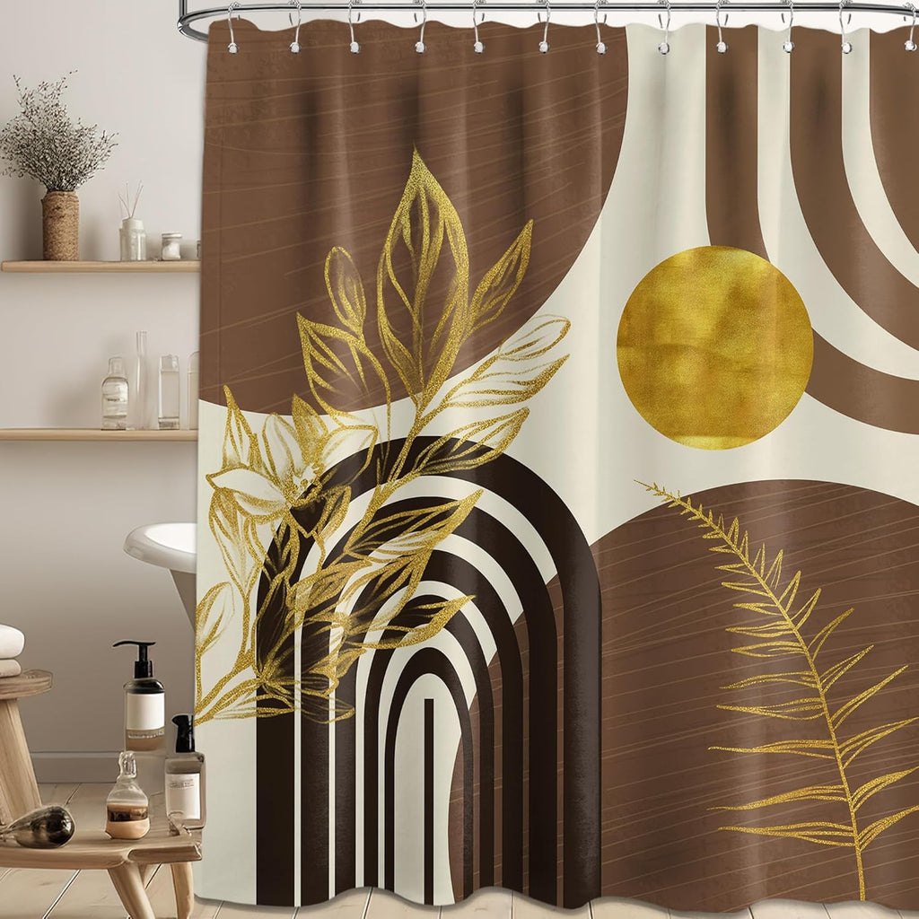 Mid Century Modern Black and Brown Shower Curtain Boho Beige and Dark Tan Gold Shower Curtains for Mens Bathroom Decor Sets, Waterproof Cloth Fabric with Hooks, 70x72in