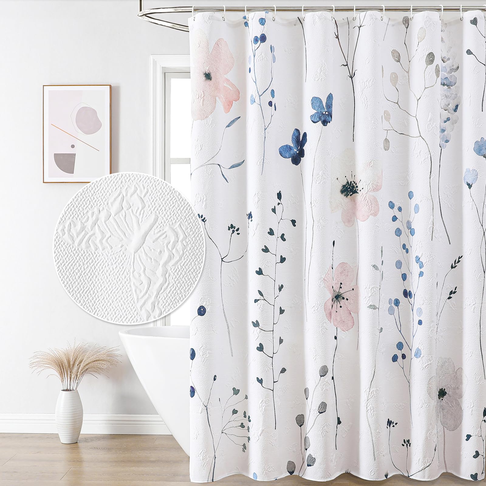 QiyI Watercolor Floral Shower Curtain, 3D Embossed Butterflies Grey Beige Flower Bathroom Curtains, Minimalist White Cloth Bath Curtain, Waterproof Fabric Textured Shower Curtain Set with Hooks, 72x72