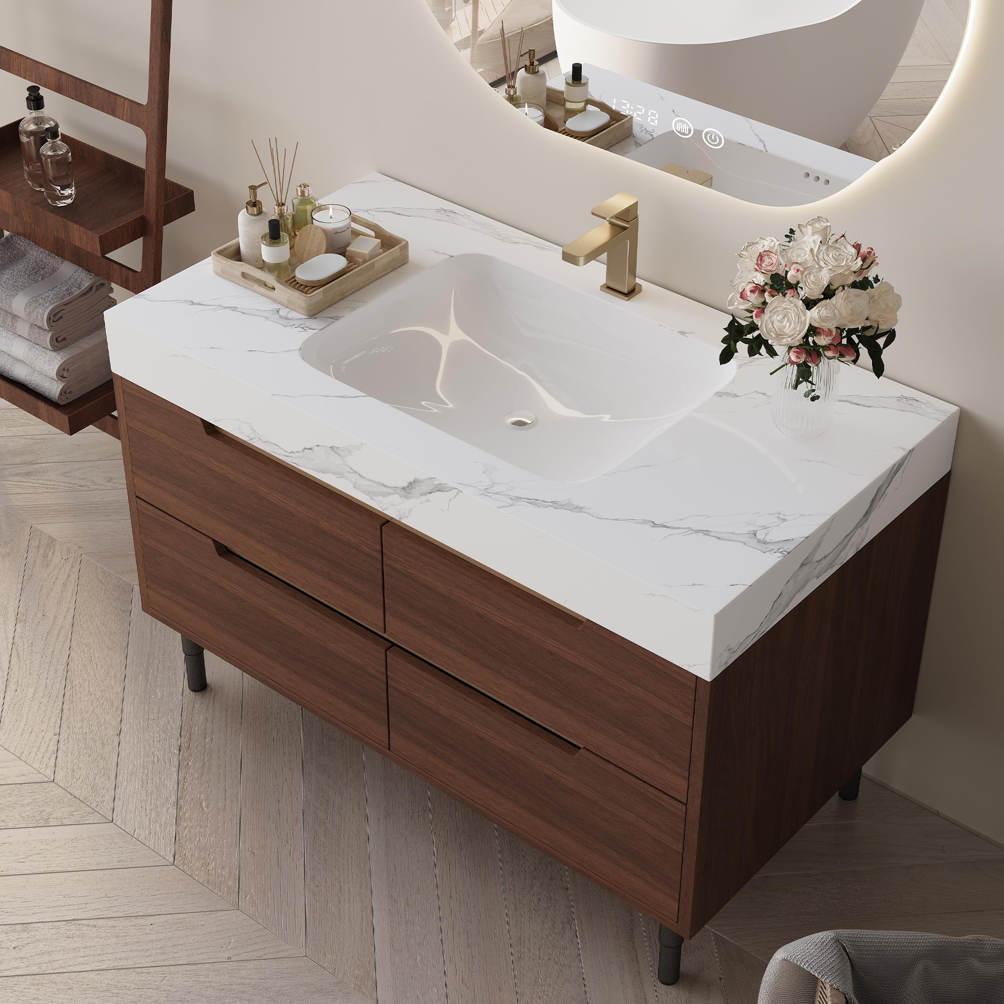 Glintee 36" Modern Bathroom Vanity with Ceramic Sink – Sintered Stone Top, 4 Soft-Close Drawers, Sturdy Solid Wood Cabinet, Wall-Mounted or Freestanding, Easy Assembly, Black & White