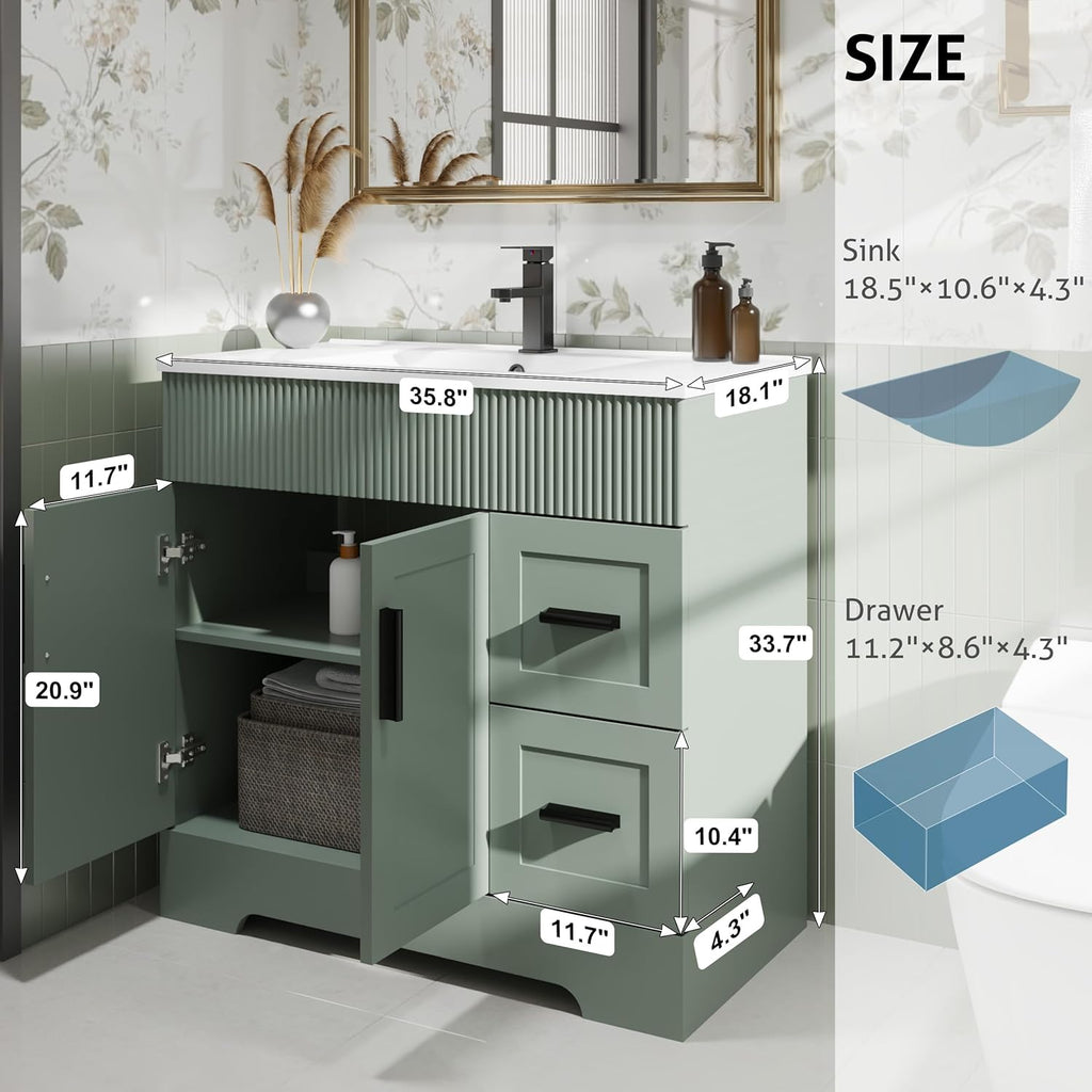 eclife 36" Bathroom Vanities Sink Combo with Painted Surface, Modern Drawered Cabinet W/Decorative Wave Lines, Undermount Single Sink, Matte Black Faucet Drain, Gray Green