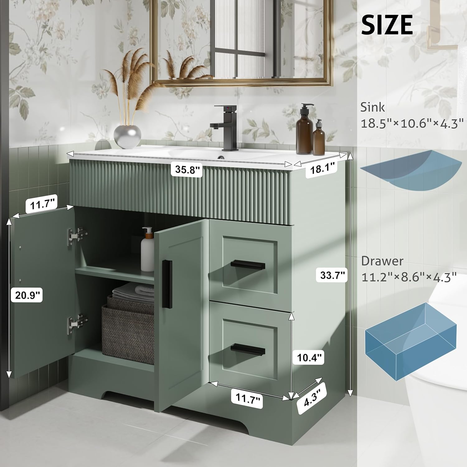 eclife 36" Bathroom Vanities Sink Combo with Painted Surface, Modern Drawered Cabinet W/Decorative Wave Lines, Undermount Single Sink, Matte Black Faucet Drain, Gray Green