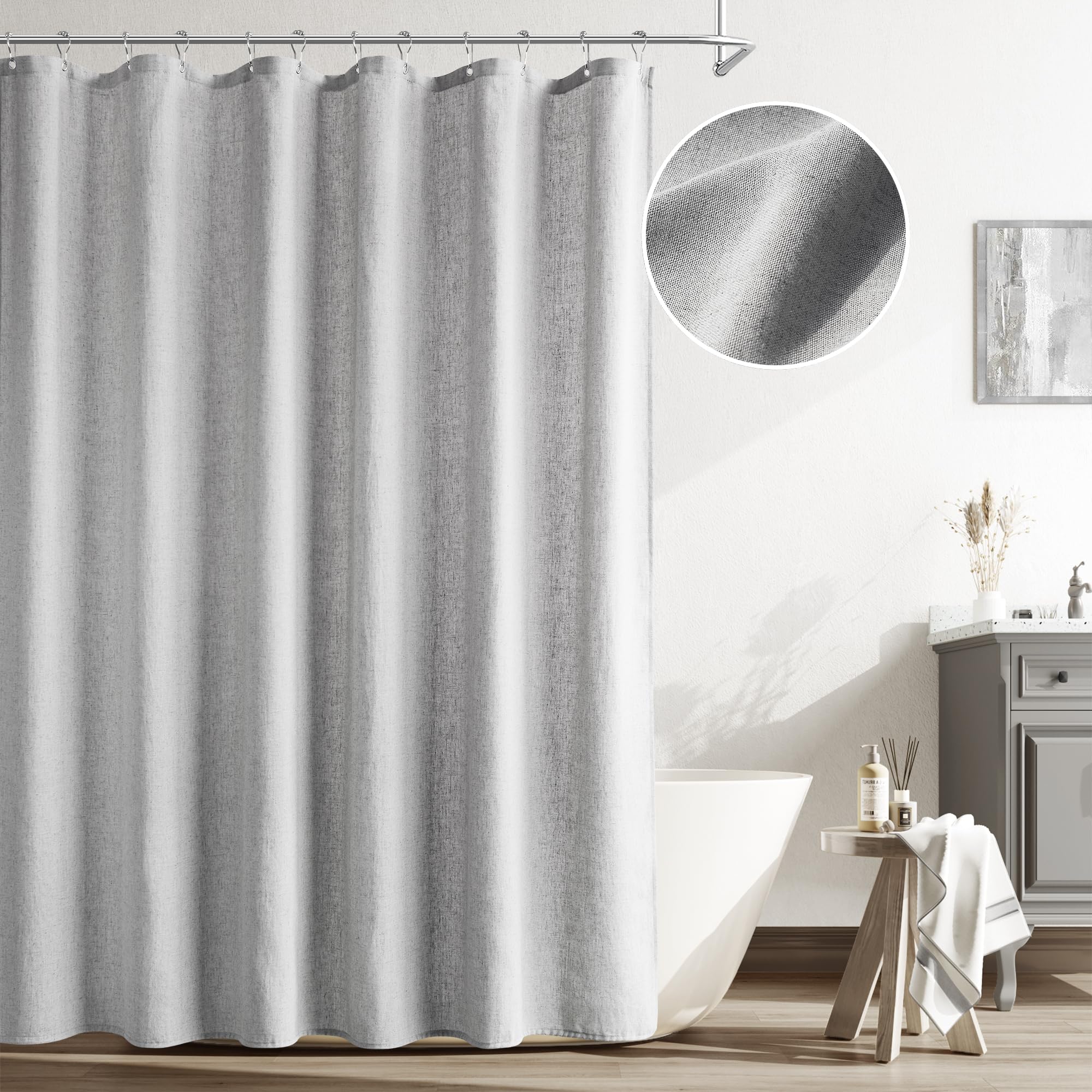 Naturoom Natural Linen Shower Curtain, Country Boho Farmhouse Bath Decor Beige Shower Curtains for Bathroom Neutral Cloth Weighted Textured Fabric Bath Curtain Liner with Hooks, Cream, 72 Inch