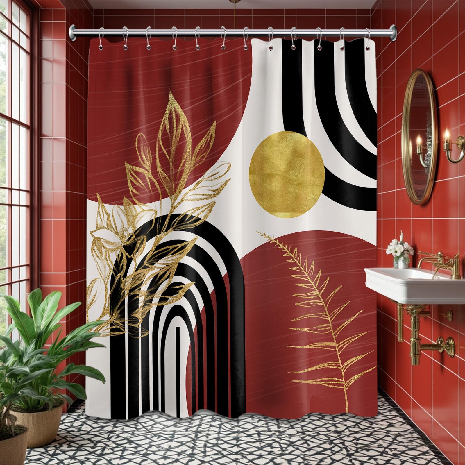 Mid Century Modern Black and Brown Shower Curtain Boho Beige and Dark Tan Gold Shower Curtains for Mens Bathroom Decor Sets, Waterproof Cloth Fabric with Hooks, 70x72in