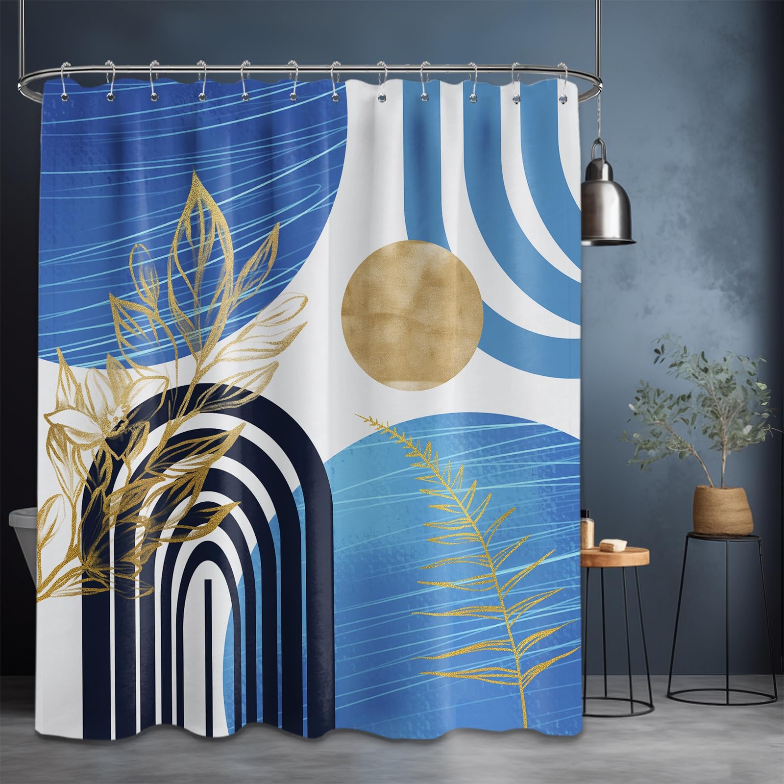 Mid Century Modern Black and Brown Shower Curtain Boho Beige and Dark Tan Gold Shower Curtains for Mens Bathroom Decor Sets, Waterproof Cloth Fabric with Hooks, 70x72in