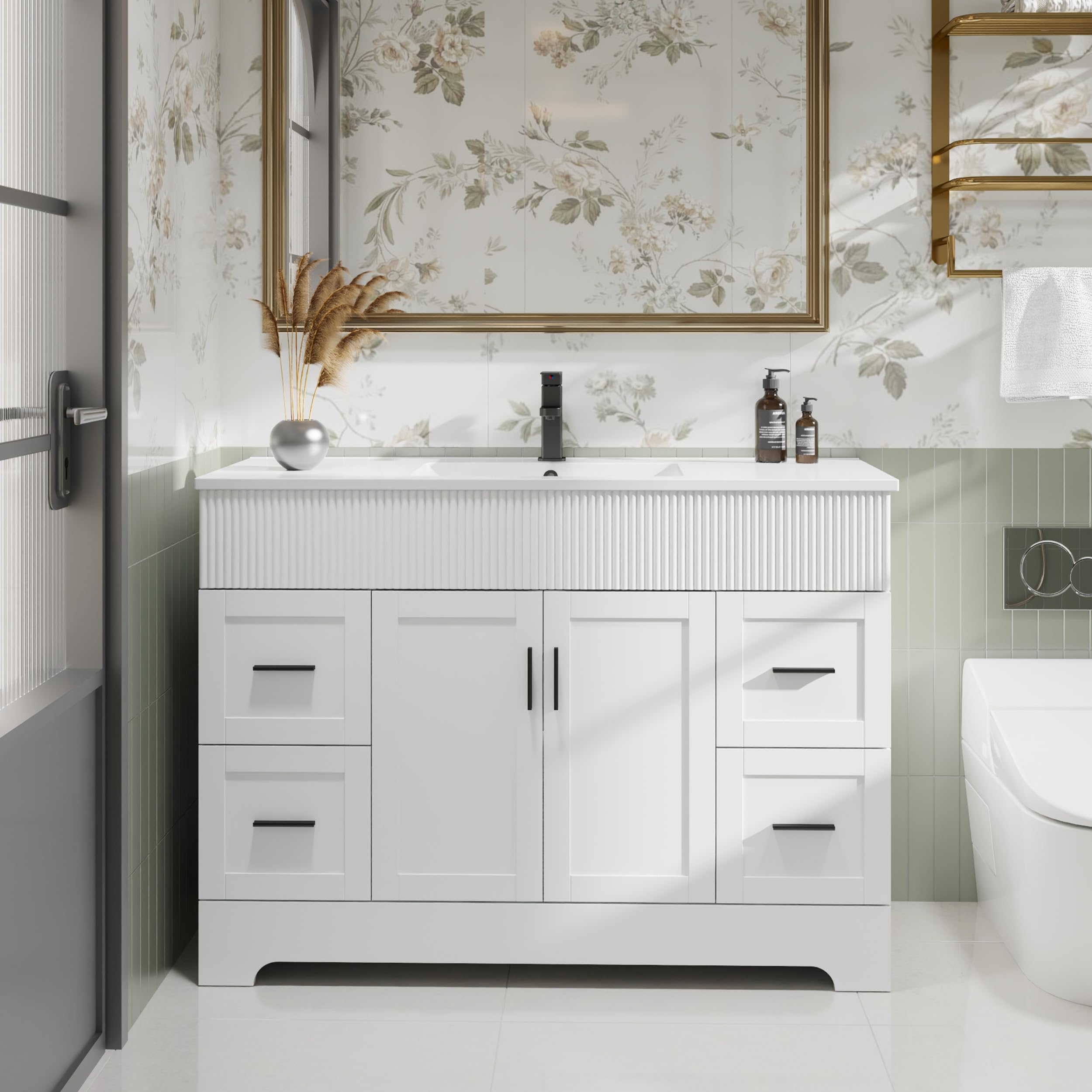 eclife 36" Bathroom Vanities Sink Combo with Painted Surface, Modern Drawered Cabinet W/Decorative Wave Lines, Undermount Single Sink, Matte Black Faucet Drain, Gray Green