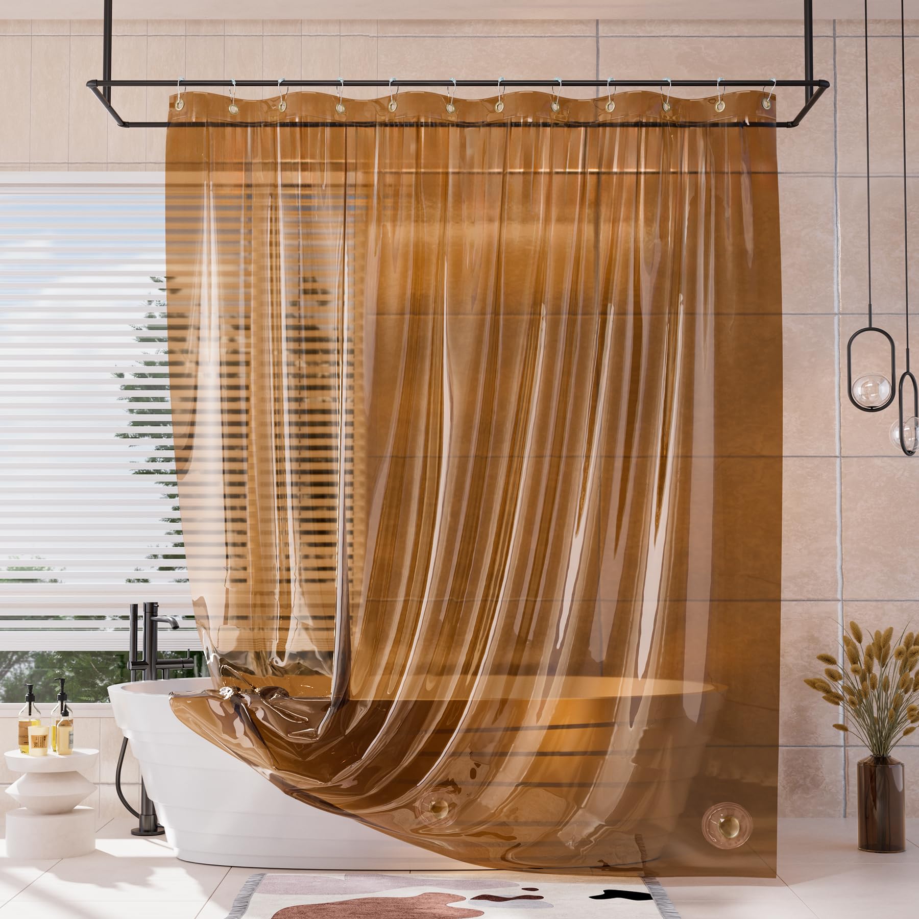 AmazerBath Shower Curtain Liner, 100% EVA Soft Clear Amber Heavy Duty Shower Curtain and Liner 2-in-1, 72x72 Luxury Plastic Weighted Bathroom Shower Liner, 12 Rustproof Grommets & 3 Heavyweight Stones
