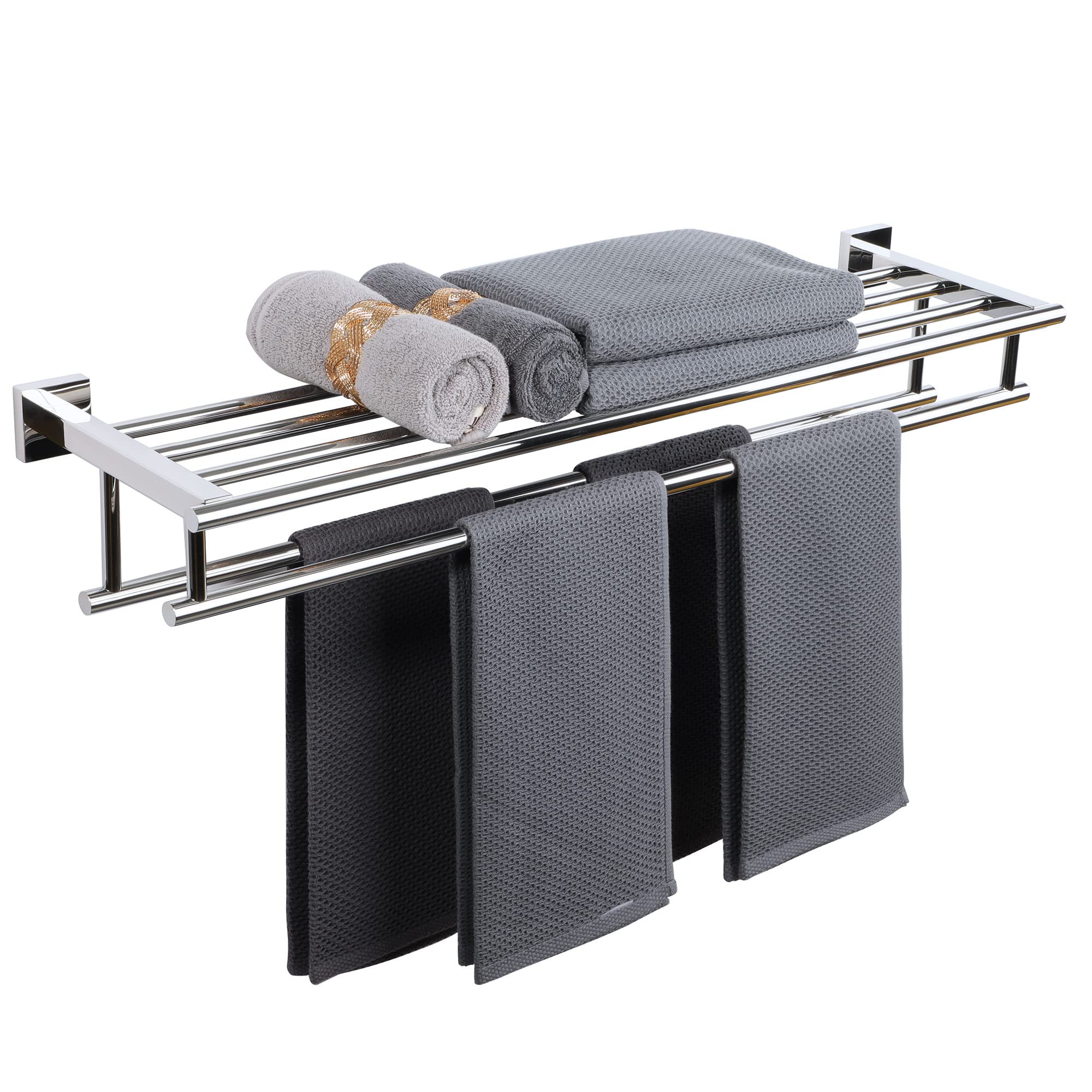 Alise Double Towel Rack for Bathroom Wall Mounted,24 Inch Bathroom Tower Holder Black Towel Rack with Double Towel Bars,SUS304 Stainless Steel Towel Bar Towel Rack with Shelf,Matte Black