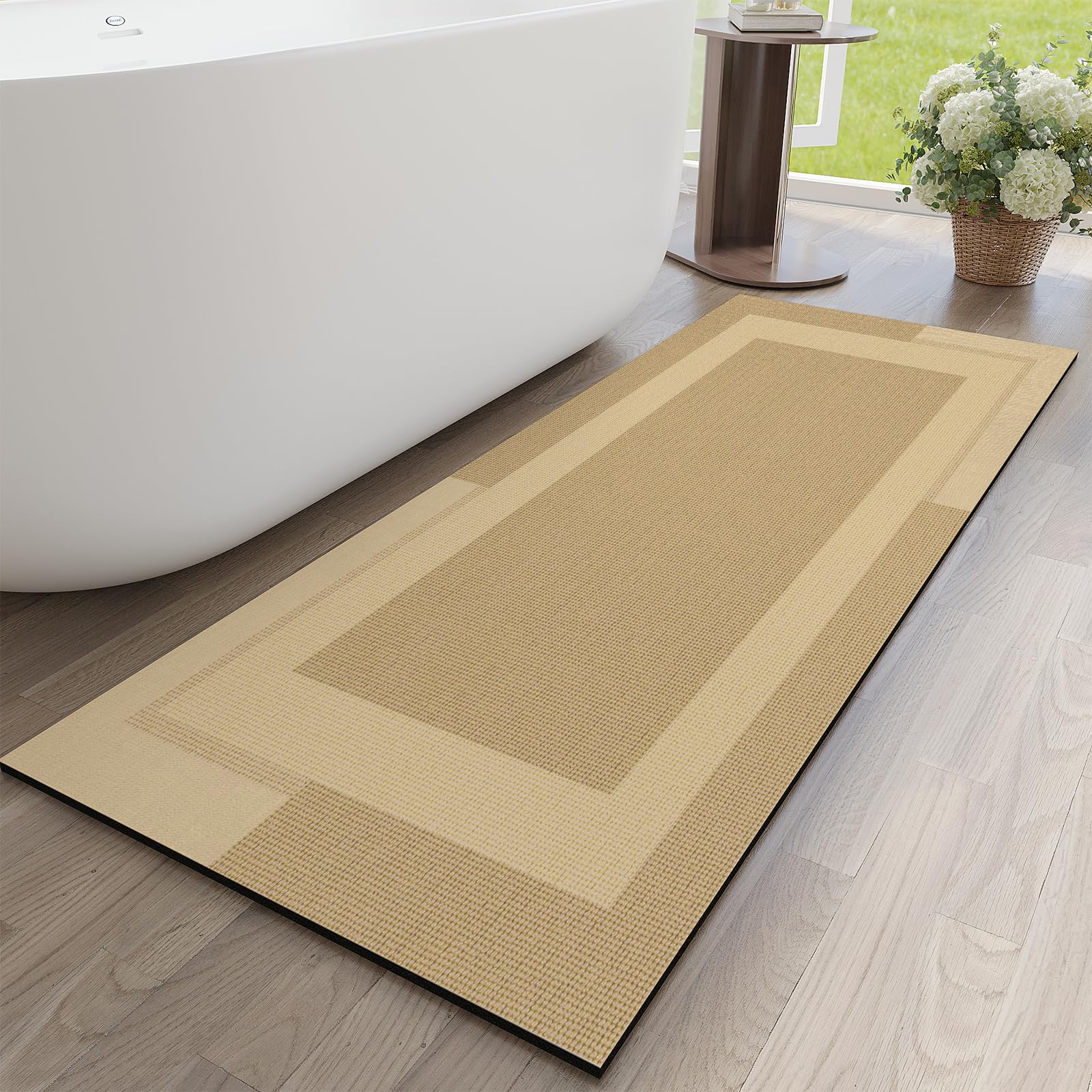 YDKGL Non Slip Bath Mat, Rubber Backing Ultra Thin Bathroom Rugs Fit Under Door Quick Dry Super Absorbent Washable Bath Rug Shower Mat for Bathroom Floor Bathtub Shower Sink, Easy Care Beige 16"x 24"